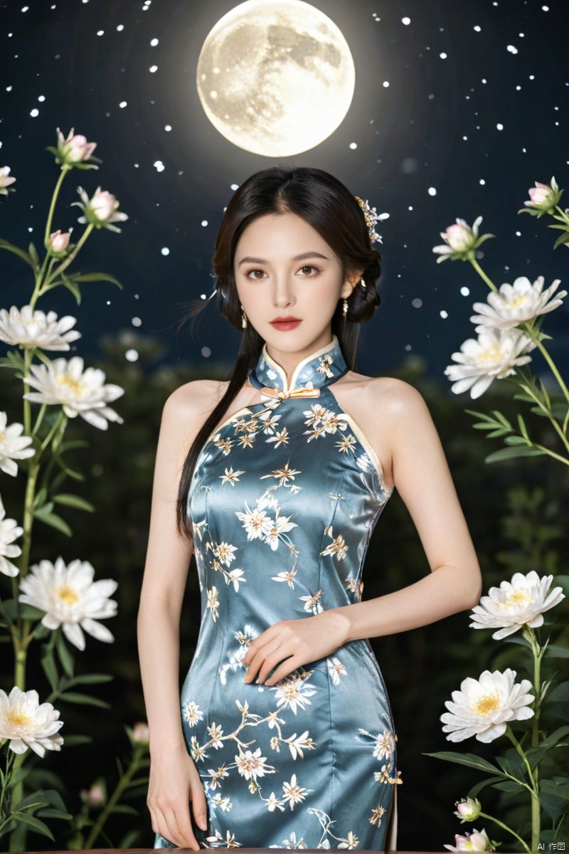 HD, 1girl, beautiful eyes, wearing qipao, Surrounded by flowers, the background is the stars and the moon, night, indoor, looking into the camera,Full body shot