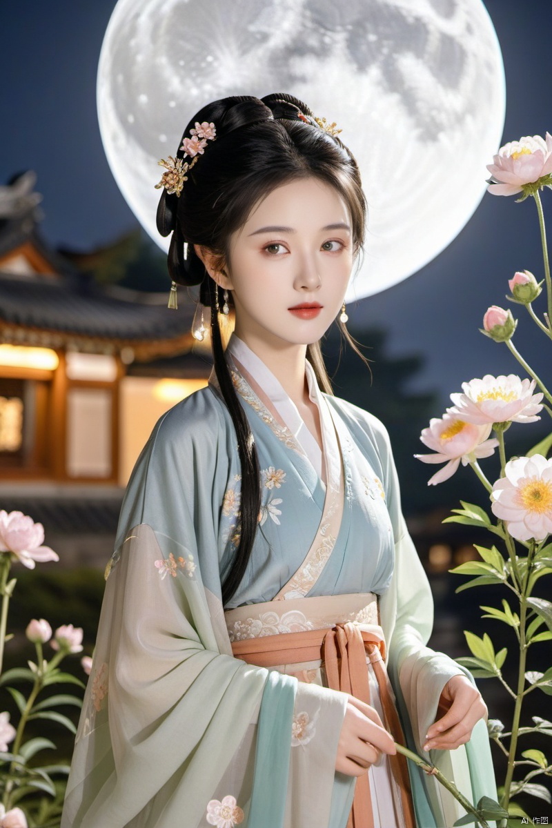 From the front, a girl in Hanfu with the moon and flowers in the background