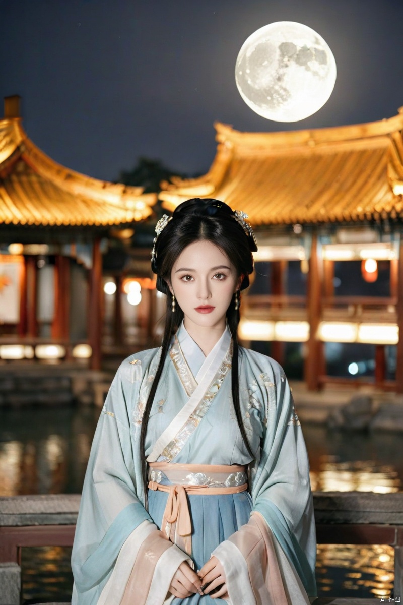 HD, 1girl, beautiful eyes, wearing Hanfu, the background is the big moon and Chinese-style buildings, night, outdoor, looking into the camera,Full body shot