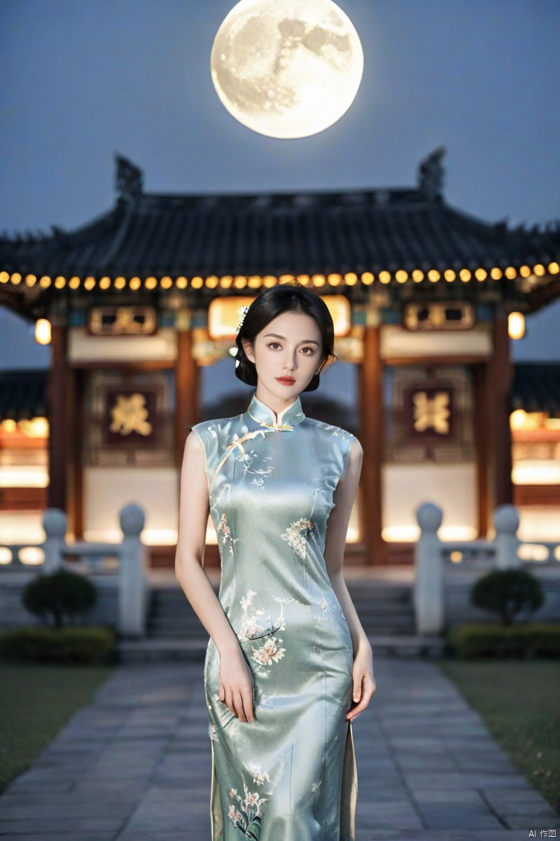 HD, 1girl, beautiful eyes, wearing qipao, the background is the big moon and Chinese-style buildings, night, outdoor, looking into the camera,Full body shot