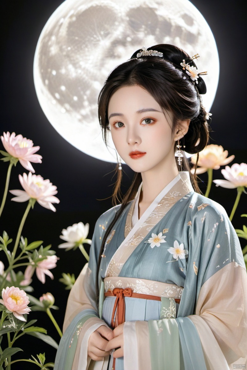 From the front, a girl in Hanfu with the moon and flowers in the background