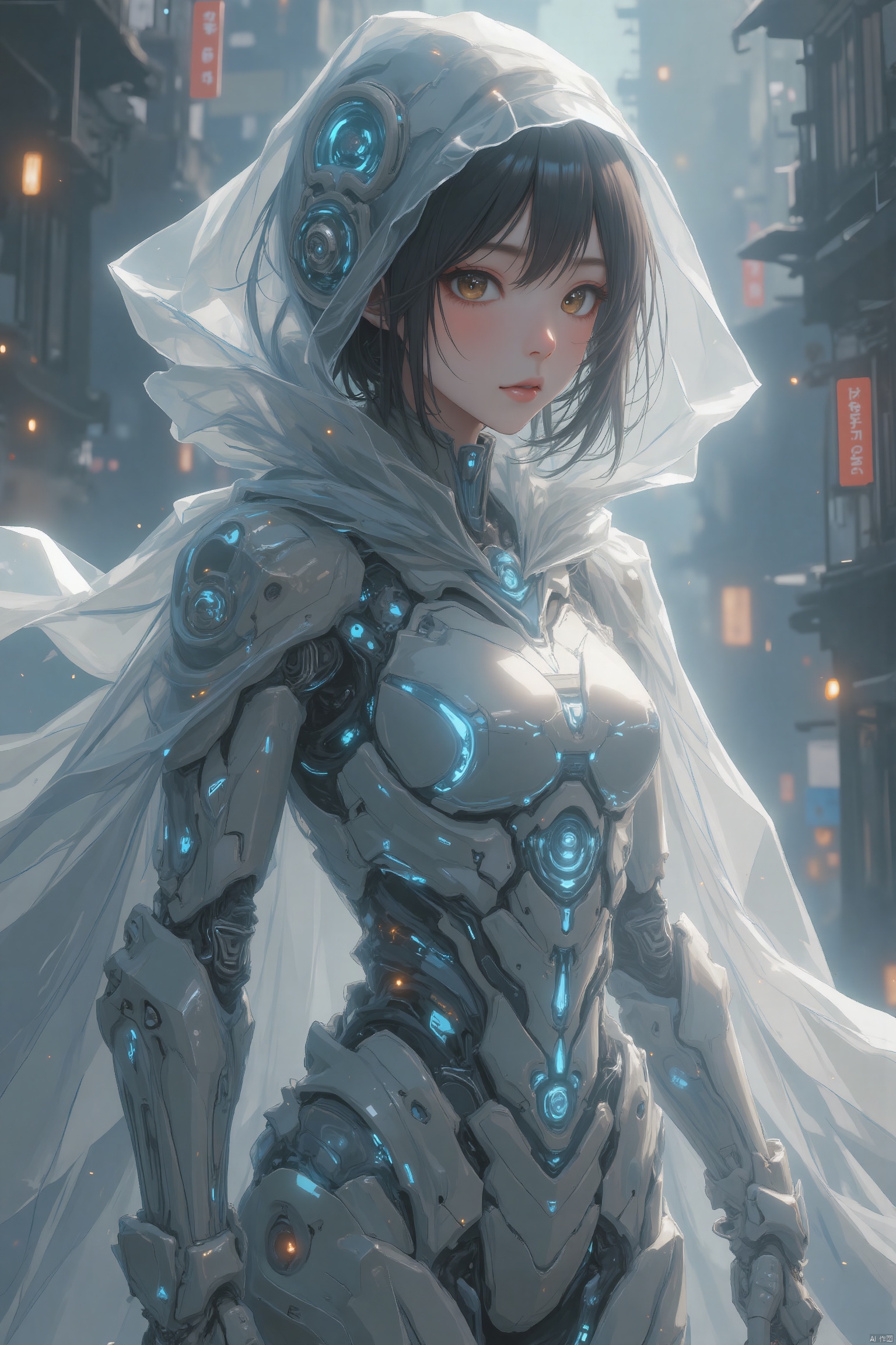 A cute young Asian girl in a translucent glass mecha wearing a large grey cape,she makes a starting position,one hand waves back,so that her wide grey cloak is held high,the glass mecha emerges from the worn cloak,you can see the mecha protecting her vital points,(through the transparent glass revealing a glowing circuit board),she seems to have stepped out of a science fiction movie,The Mecha's smooth lines are full of technology,framing a woman's beautiful figure,and her flowing hair peeks out of her hood. She stares out at the viewer,and this work is a masterpiece of top quality,the picture is presented with super detail and precision,beautiful and aesthetic,hood up,(masterpiece),(best quality:1.2),official art,(extremely detailed CG unity 8k wallpaper),(photorealistic:1.4),
