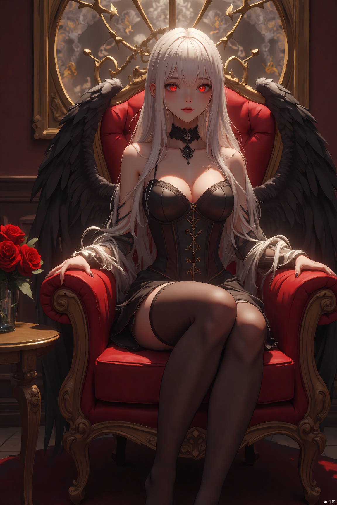 a 3D rendering of a woman with long white hair and red eyes is sitting on a red velvet chair. The chair is adorned with a black corset and black stockings. The woman's wings are spread out on either side of her body, adding a touch of balance to the scene. The backdrop is a dark brown wall with a large window that has a white flower design on it. To the left of the woman is a small round table with a vase of red roses in it.