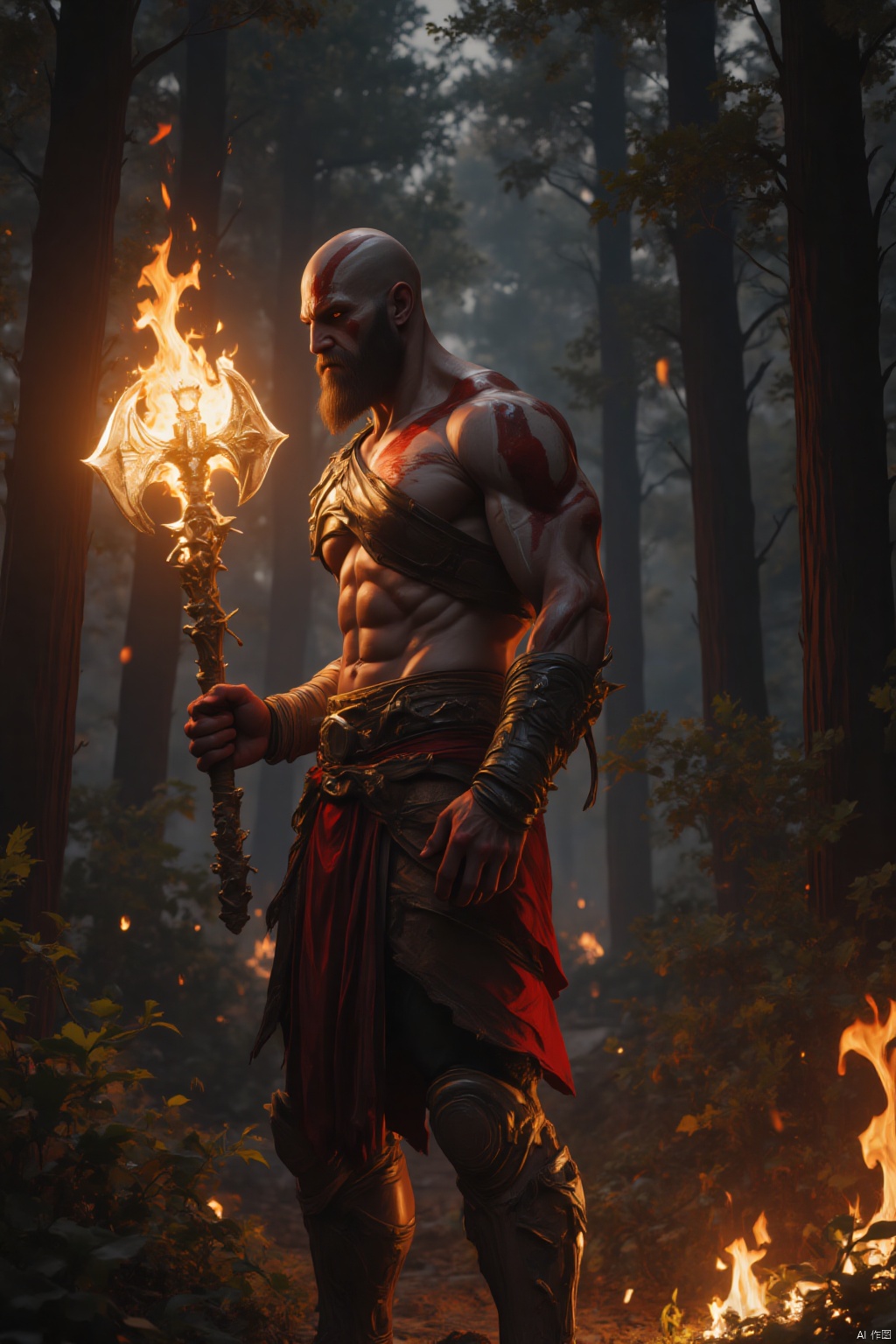 God of War, Kratos from God of War holding a glowing battle axe in his hands, looking determined, ready for a fight, standing inside a dark forest, Asgard, VFX, fire special effect, dynamic actions, cinematic film shot, highly detailed, ultra-high resolutions, 32K UHD, sharp focus, best quality, masterpiece