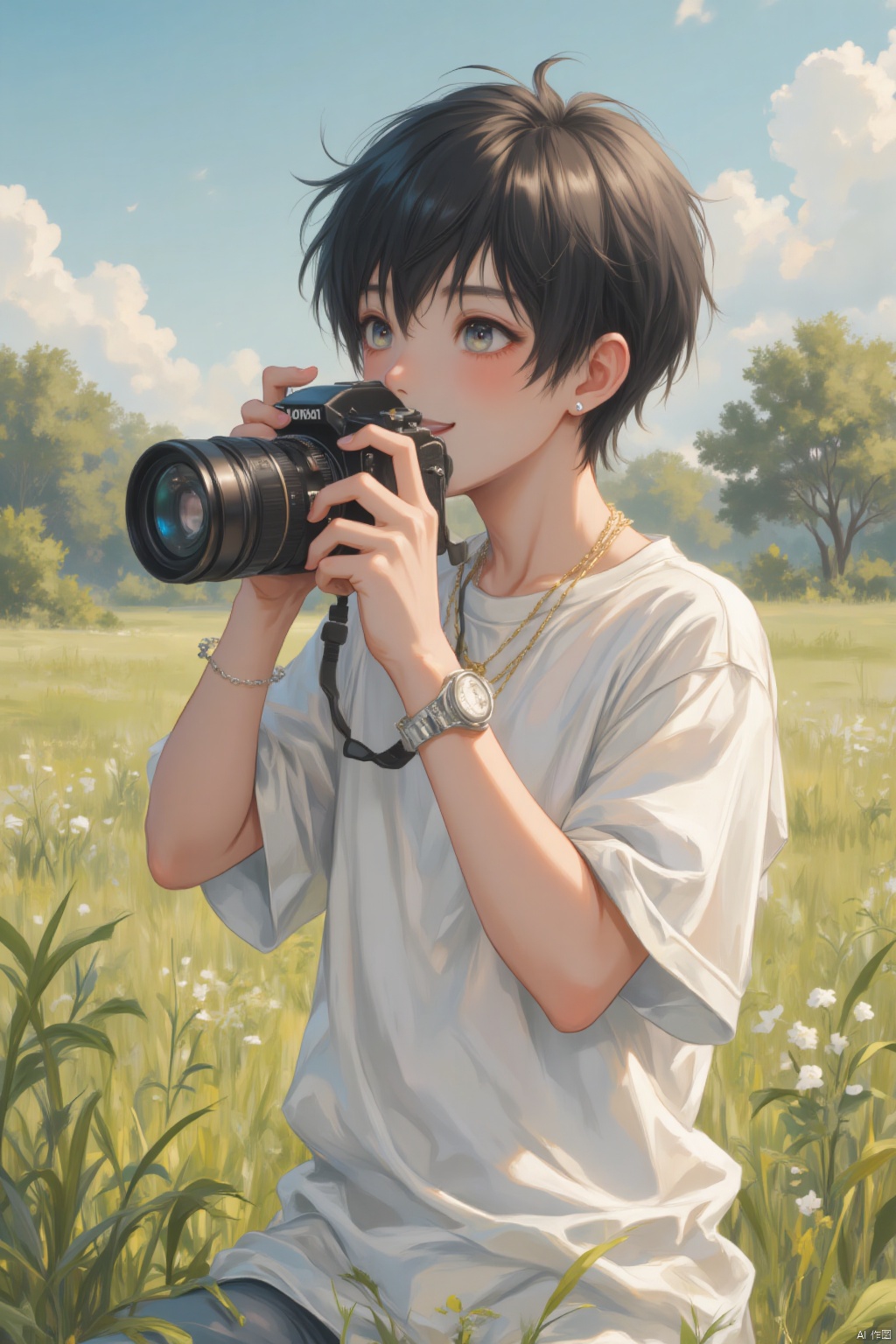 A medium-sized painting of a young Asian boy with black hair, wearing a white t-shirt and a gold necklace. He is holding a black camera in his right hand, aiming it towards the right side of the frame. His left wrist is adorned with a silver watch and a silver bracelet. The boy's eyes are a piercing blue, and his hair is a vibrant shade of black. The backdrop is a lush green grassy field, with trees in the distance. The sky is a light blue, with a few white clouds scattered across it.