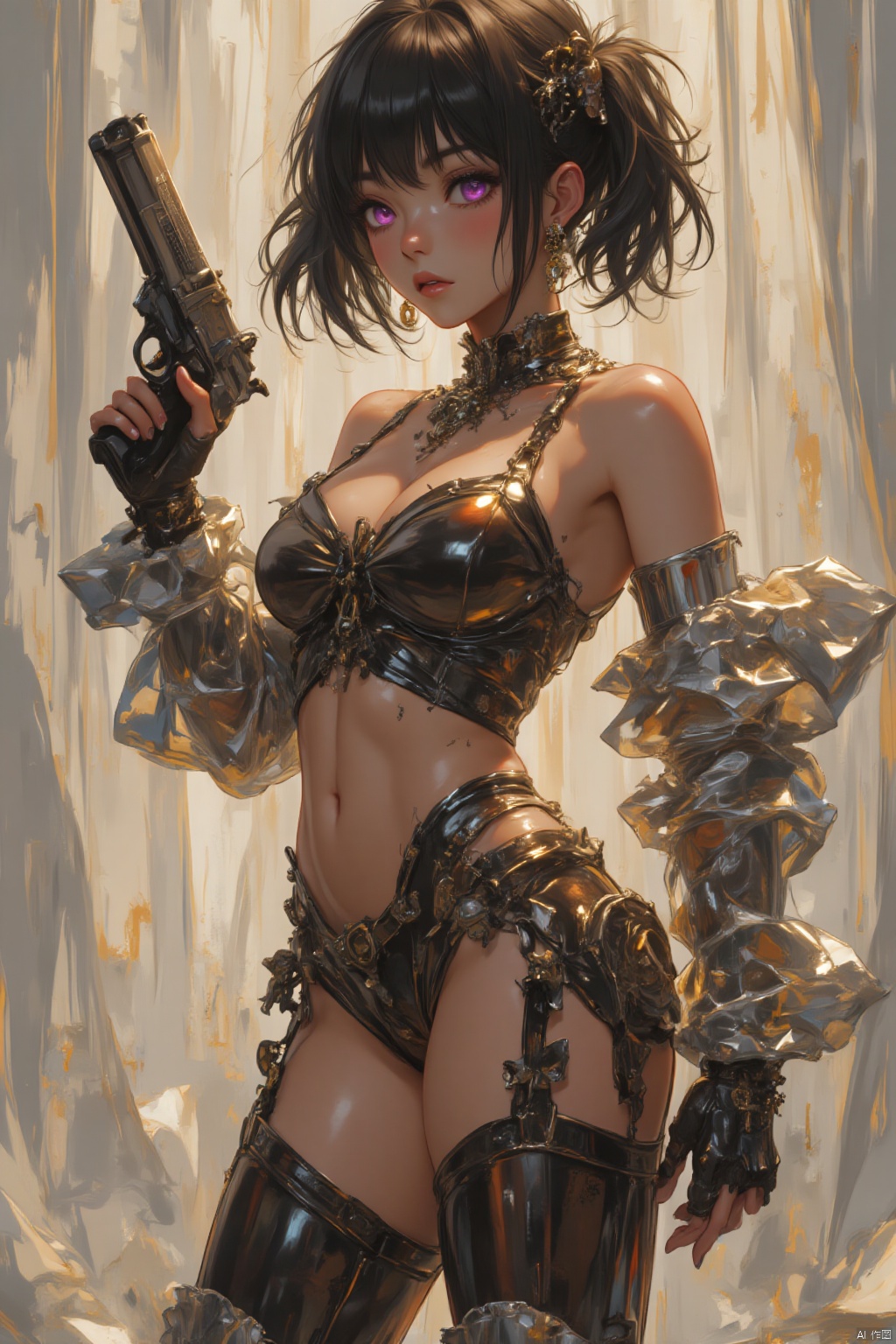  strikes a pose in a dramatic cowboy shot. Chrome-plated material glistens on her thigh-highs and bangs frame her face as she gazes directly at the viewer with piercing purple eyes. Her short black hair is adorned with twintails and earrings, while a handgun rests comfortably in her hand. The simple background features a subtle white texture, contrasting with her bold attire. Shoulder cutout highlights her toned physique as she dual-wields handguns with trigger discipline. Golden hour lighting illuminates the scene, showcasing masterful details and a temperature-controlled atmosphere. The 32K UHD resolution captures every nuance of this unconventional masterpiece, fit for a high-end fashion magazine cover.