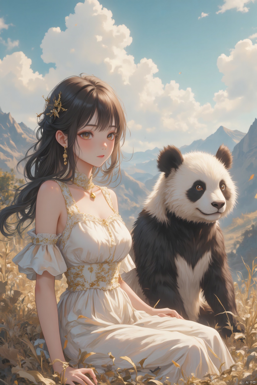 a young Asian girl with long brown hair, wearing a white dress and a gold necklace, is seated on a bed of dried grass. She is looking at the camera, her lips pursed. To her right, a black and white panda is seated, its head turned to the right. The panda's fur is a mix of white and black, and its eyes are a piercing blue. The backdrop, a mountain range can be seen in the distance, with a blue sky dotted with white clouds.