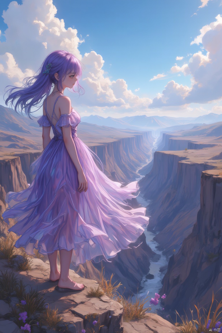 A girl in a purple, translucent dress stood on the edge of the mine, the breeze blowing his long hair, looking down into the bottomless pit. The clouds drifted lazily across the blue sky, their backs to the camera, lost in thought. The cratered terrain spread out before him and faded into the distance.