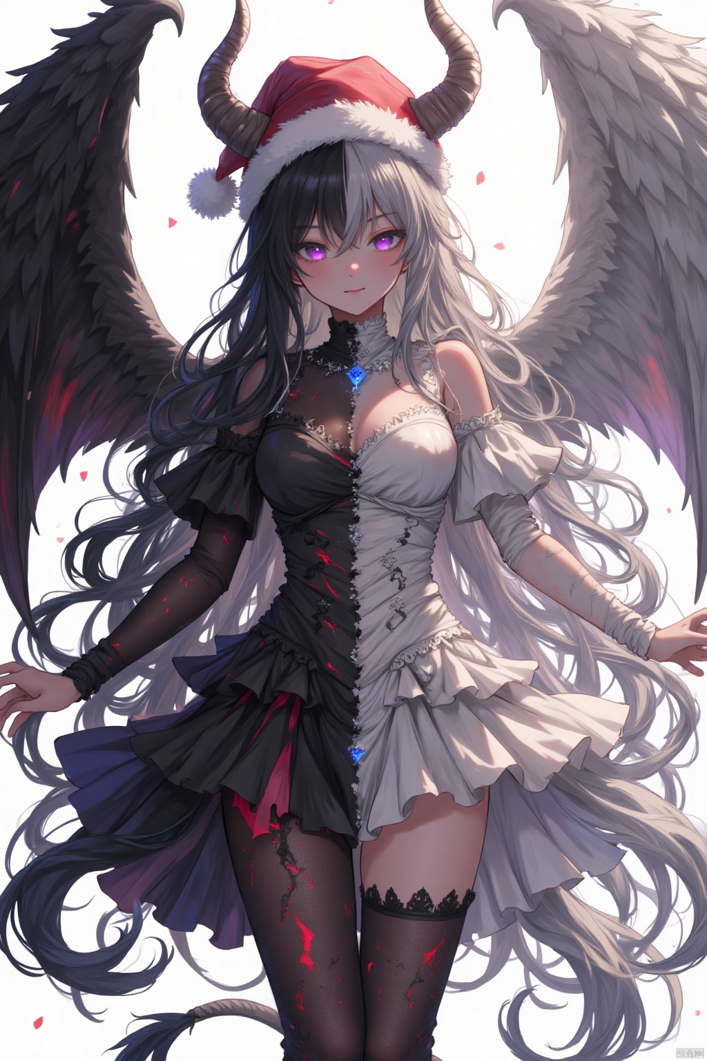 red Christmas hats, stockings,Black and white background,reverse color matching,left and right balance,animation,classic character design,combination of demons and human beings,highest picture quality,good composition,coexistence of angels and demons,1girl,black and white highlights,long hair fluttering,delicate and beautiful face,inconsistent left and right pupil colors,purple and blue luminous eyes,bandages wrapped around the whole body,giant breasts,pure white angel wings on the left,black devil wings on the right,angel aura head,devil tail,