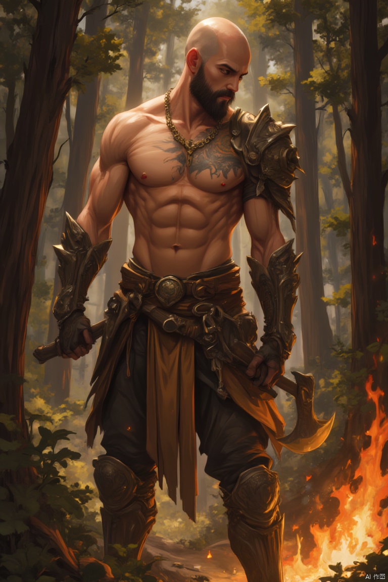 solo, 1boy, navel, holding, standing, weapon, male focus, outdoors, belt, holding weapon, armor, tree, tattoo, muscular, colored skin, facial hair, abs, fire, pectorals, muscular male, nature, beard, forest, axe, bald