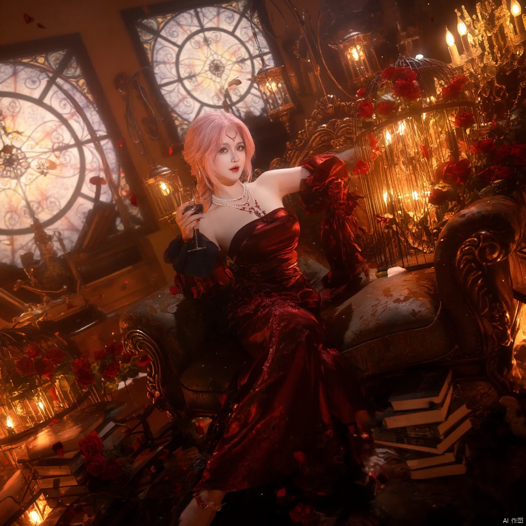 Cosplay fantasy gothic Victorian-inspired woman with pink hair red and black ornate dress pearl necklace holding a glass of wine surrounded by red roses ornate furniture chandelier with candles stained glass window warm lighting dramatic and mysterious mood scattered petals rich red and gold tones elegant and regal atmosphere., local blur, air expansion, air manipulation, fire-rose, rose petals, warm light, fire light, night, fireplace fire, fire, flame, candle in cage, flying sparks, spark, particle effects, flying rose petals, roses, detached sleeves, bridal gauntlets, backless outfit, bare shoulders, rdssd-red-detached-sleeves-sleeve-dress, 1girl, pink hair, solo, flower, short hair, jewelry, petals, rose, sitting, red flower, necklace, stairs, chandelier, gloves, holding, red lips, couch, candle, looking at viewer, red rose, wine glass, strapless, cup, strapless dress, alcohol, facial mark, candlestand, indoors, drinking glass, red eyes, makeup, anklet, chair, book, cage, wine, earrings, lipstick, breasts, birdcage, roses background