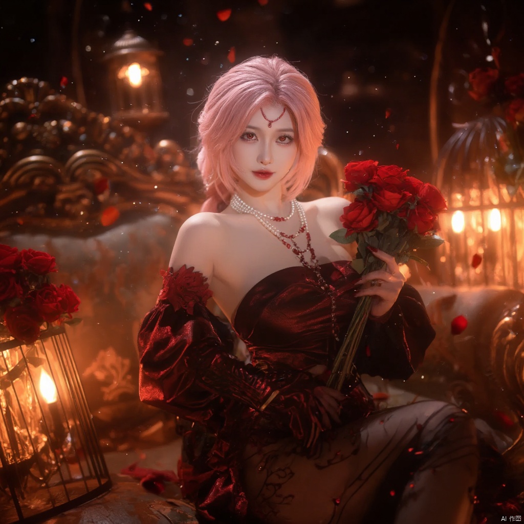 Cosplay fantasy ethereal elegant woman with pink hair red heart-shaped headpiece red and black ornate dress holding a bouquet of red roses surrounded by glowing lanterns warm warm lighting intricate background with ornate furniture red rose petals scattered serene and mysterious mood side profile dramatic and mystical atmosphere., local blur, air expansion, air manipulation, fire-rose, rose petals, warm light, fire light, night, fireplace fire, fire, flame, candle in cage, flying sparks, spark, particle effects, flying rose petals, roses, bridal gauntlets, backless outfit, bare shoulders, rdssd-red-detached-sleeves-sleeve-dress, 1girl, necklace, pink hair, jewelry, solo, flower, rose, detached sleeves, forehead mark, petals, looking at viewer, strapless, red flower, facial mark, short hair, red lips, holding, red rose, strapless dress, red nails, red eyes, stairs, nail polish, blurry, breasts, pearl necklace, makeup, pantyhose, sitting, indoors, holding flower, lipstick, lips, bouquet, parted lips, roses background