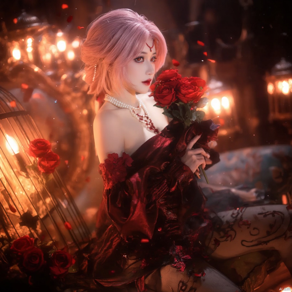 Cosplay fantasy ethereal elegant woman with pink hair red heart-shaped headpiece red and black ornate dress holding a bouquet of red roses surrounded by glowing lanterns warm warm lighting intricate background with ornate furniture red rose petals scattered serene and mysterious mood side profile dramatic and mystical atmosphere., local blur, air expansion, air manipulation, fire-rose, rose petals, warm light, fire light, night, fireplace fire, fire, flame, candle in cage, flying sparks, spark, particle effects, flying rose petals, roses, bridal gauntlets, backless outfit, bare shoulders, rdssd-red-detached-sleeves-sleeve-dress, 1girl, necklace, pink hair, jewelry, solo, flower, rose, detached sleeves, forehead mark, petals, looking at viewer, strapless, red flower, facial mark, short hair, red lips, holding, red rose, strapless dress, red nails, red eyes, stairs, nail polish, blurry, breasts, pearl necklace, makeup, pantyhose, sitting, indoors, holding flower, lipstick, lips, bouquet, parted lips, roses background