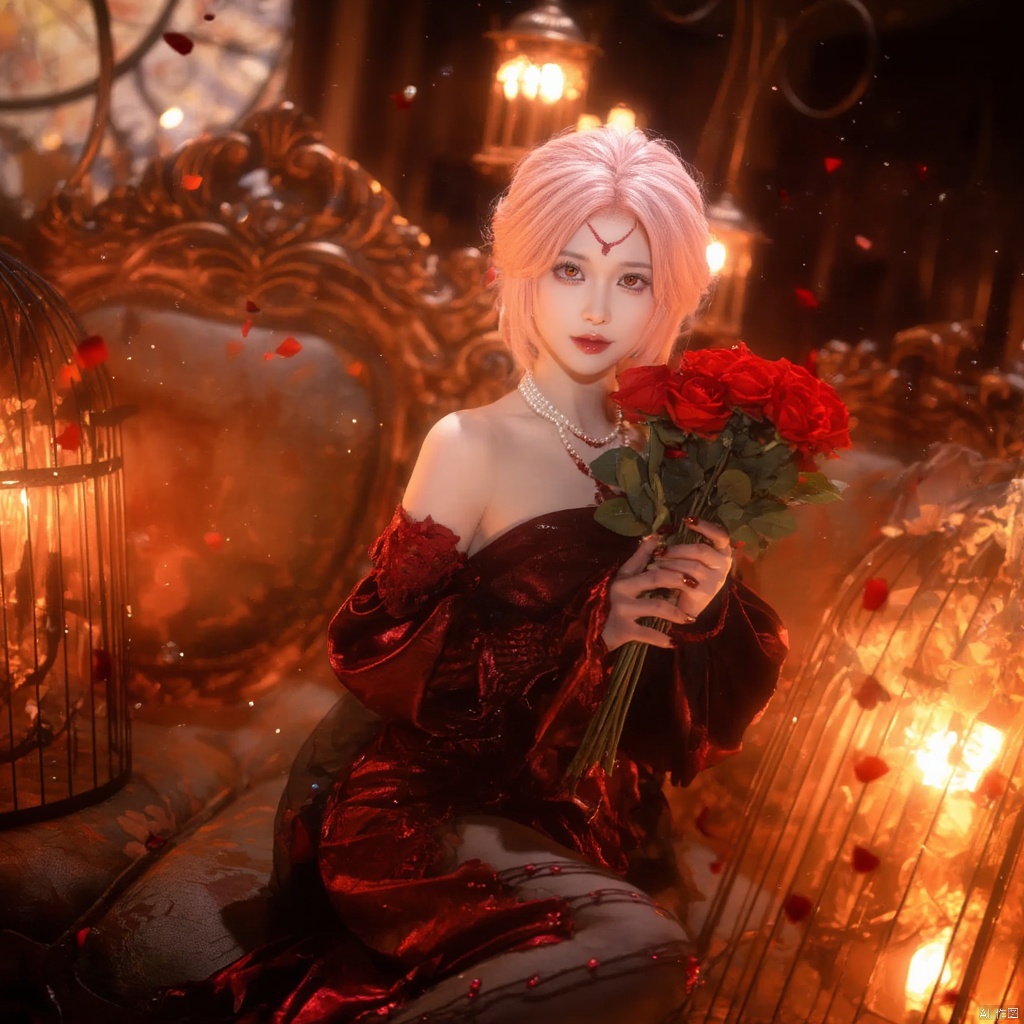 Cosplay fantasy ethereal elegant woman with pink hair red heart-shaped headpiece red and black ornate dress holding a bouquet of red roses surrounded by glowing lanterns warm warm lighting intricate background with ornate furniture red rose petals scattered serene and mysterious mood side profile dramatic and mystical atmosphere., local blur, air expansion, air manipulation, fire-rose, rose petals, warm light, fire light, night, fireplace fire, fire, flame, candle in cage, flying sparks, spark, particle effects, flying rose petals, roses, bridal gauntlets, backless outfit, bare shoulders, rdssd-red-detached-sleeves-sleeve-dress, 1girl, necklace, pink hair, jewelry, solo, flower, rose, detached sleeves, forehead mark, petals, looking at viewer, strapless, red flower, facial mark, short hair, red lips, holding, red rose, strapless dress, red nails, red eyes, stairs, nail polish, blurry, breasts, pearl necklace, makeup, pantyhose, sitting, indoors, holding flower, lipstick, lips, bouquet, parted lips, roses background