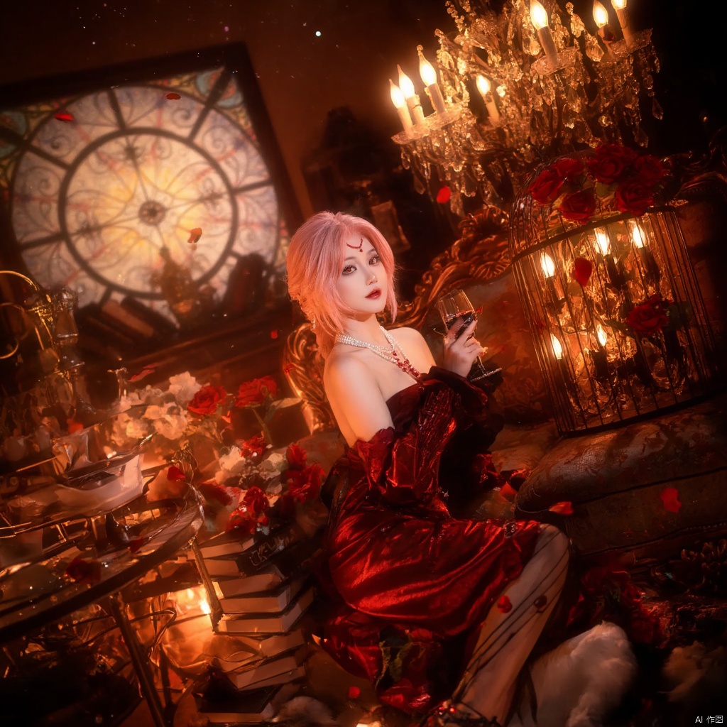 Cosplay fantasy gothic Victorian-inspired woman with pink hair red and black ornate dress pearl necklace holding a glass of wine surrounded by red roses ornate furniture chandelier with candles stained glass window warm lighting dramatic and mysterious mood scattered petals rich red and gold tones elegant and regal atmosphere., local blur, air expansion, air manipulation, fire-rose, rose petals, warm light, fire light, night, fireplace fire, fire, flame, candle in cage, flying sparks, spark, particle effects, flying rose petals, roses, detached sleeves, bridal gauntlets, backless outfit, bare shoulders, rdssd-red-detached-sleeves-sleeve-dress, 1girl, pink hair, solo, flower, short hair, jewelry, petals, rose, sitting, red flower, necklace, stairs, chandelier, gloves, holding, red lips, couch, candle, looking at viewer, red rose, wine glass, strapless, cup, strapless dress, alcohol, facial mark, candlestand, indoors, drinking glass, red eyes, makeup, anklet, chair, book, cage, wine, earrings, lipstick, breasts, birdcage, roses background