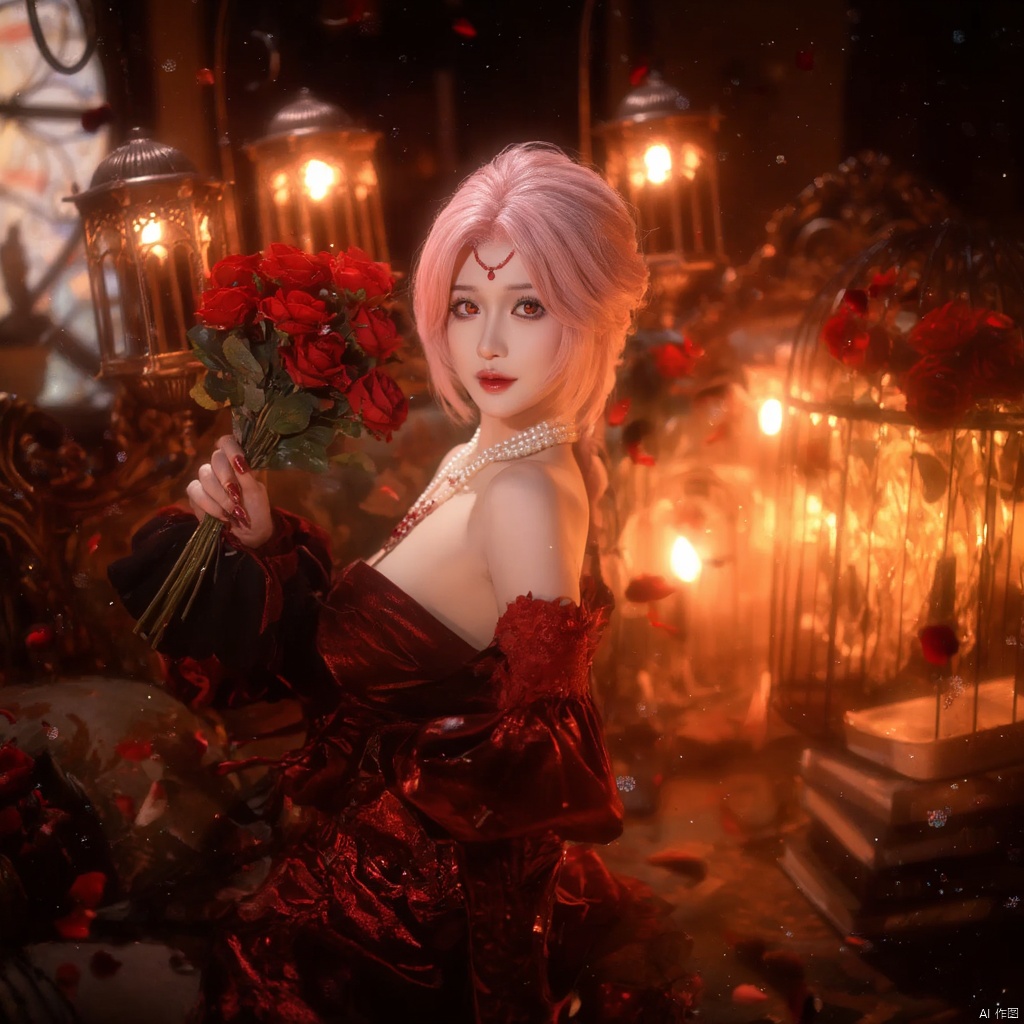 Cosplay fantasy ethereal elegant woman with pink hair red heart-shaped headpiece red and black ornate dress holding a bouquet of red roses surrounded by glowing lanterns warm warm lighting intricate background with ornate furniture red rose petals scattered serene and mysterious mood side profile dramatic and mystical atmosphere., local blur, air expansion, air manipulation, fire-rose, rose petals, warm light, fire light, night, fireplace fire, fire, flame, candle in cage, flying sparks, spark, particle effects, flying rose petals, roses, bridal gauntlets, backless outfit, bare shoulders, rdssd-red-detached-sleeves-sleeve-dress, 1girl, necklace, pink hair, jewelry, solo, flower, rose, detached sleeves, forehead mark, petals, looking at viewer, strapless, red flower, facial mark, short hair, red lips, holding, red rose, strapless dress, red nails, red eyes, stairs, nail polish, blurry, breasts, pearl necklace, makeup, pantyhose, sitting, indoors, holding flower, lipstick, lips, bouquet, parted lips, roses background