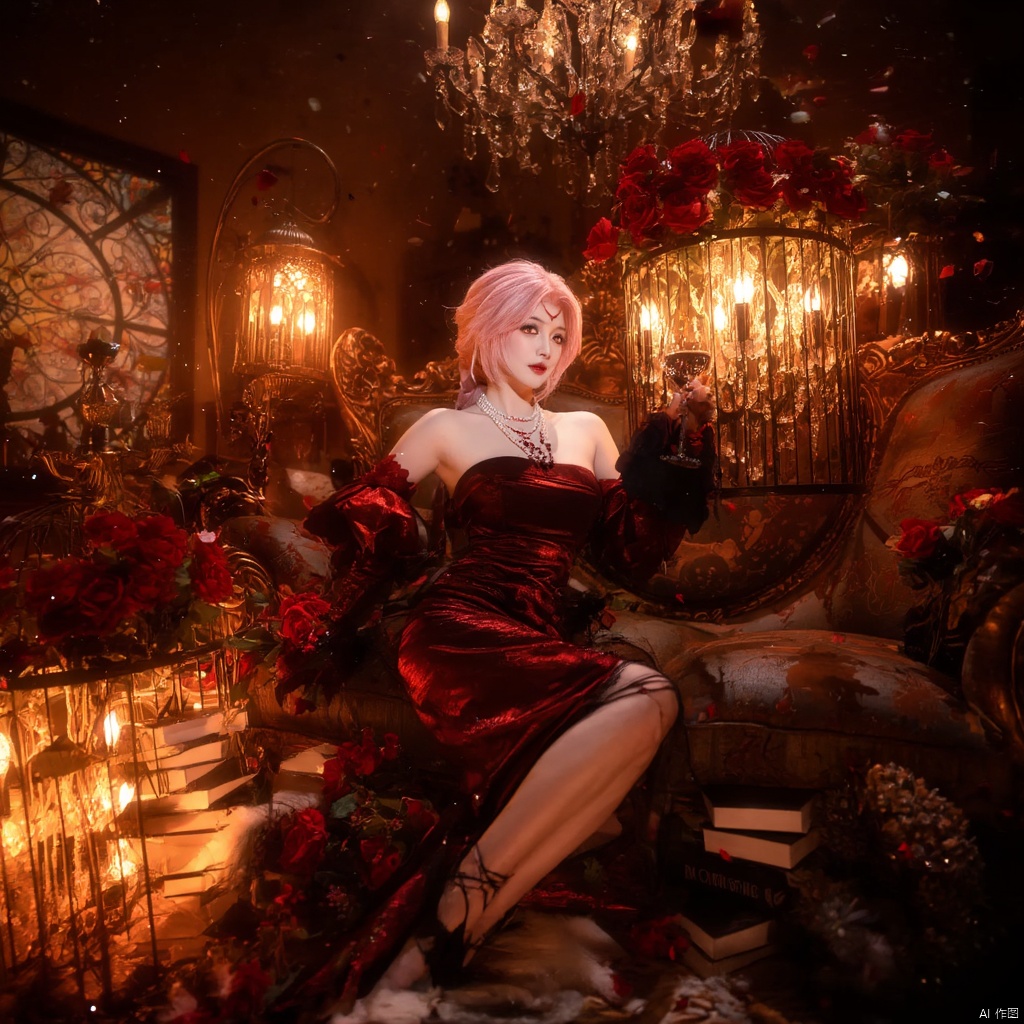Cosplay fantasy gothic Victorian-inspired woman with pink hair red and black ornate dress pearl necklace holding a glass of wine surrounded by red roses ornate furniture chandelier with candles stained glass window warm lighting dramatic and mysterious mood scattered petals rich red and gold tones elegant and regal atmosphere., local blur, air expansion, air manipulation, fire-rose, rose petals, warm light, fire light, night, fireplace fire, fire, flame, candle in cage, flying sparks, spark, particle effects, flying rose petals, roses, detached sleeves, bridal gauntlets, backless outfit, bare shoulders, rdssd-red-detached-sleeves-sleeve-dress, 1girl, pink hair, solo, flower, short hair, jewelry, petals, rose, sitting, red flower, necklace, stairs, chandelier, gloves, holding, red lips, couch, candle, looking at viewer, red rose, wine glass, strapless, cup, strapless dress, alcohol, facial mark, candlestand, indoors, drinking glass, red eyes, makeup, anklet, chair, book, cage, wine, earrings, lipstick, breasts, birdcage, roses background