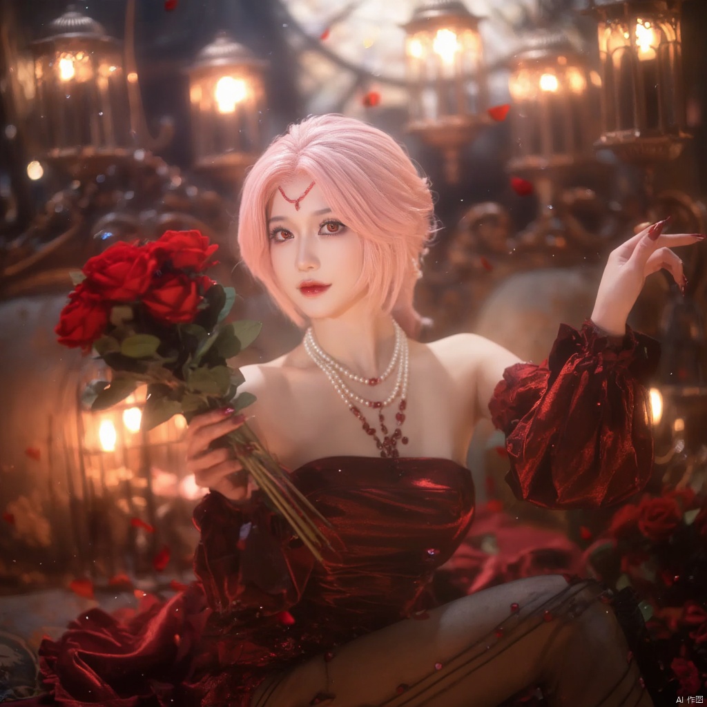 Cosplay fantasy ethereal elegant woman with pink hair red heart-shaped headpiece red and black ornate dress holding a bouquet of red roses surrounded by glowing lanterns warm warm lighting intricate background with ornate furniture red rose petals scattered serene and mysterious mood side profile dramatic and mystical atmosphere., local blur, air expansion, air manipulation, fire-rose, rose petals, warm light, fire light, night, fireplace fire, fire, flame, candle in cage, flying sparks, spark, particle effects, flying rose petals, roses, bridal gauntlets, backless outfit, bare shoulders, rdssd-red-detached-sleeves-sleeve-dress, 1girl, necklace, pink hair, jewelry, solo, flower, rose, detached sleeves, forehead mark, petals, looking at viewer, strapless, red flower, facial mark, short hair, red lips, holding, red rose, strapless dress, red nails, red eyes, stairs, nail polish, blurry, breasts, pearl necklace, makeup, pantyhose, sitting, indoors, holding flower, lipstick, lips, bouquet, parted lips, roses background