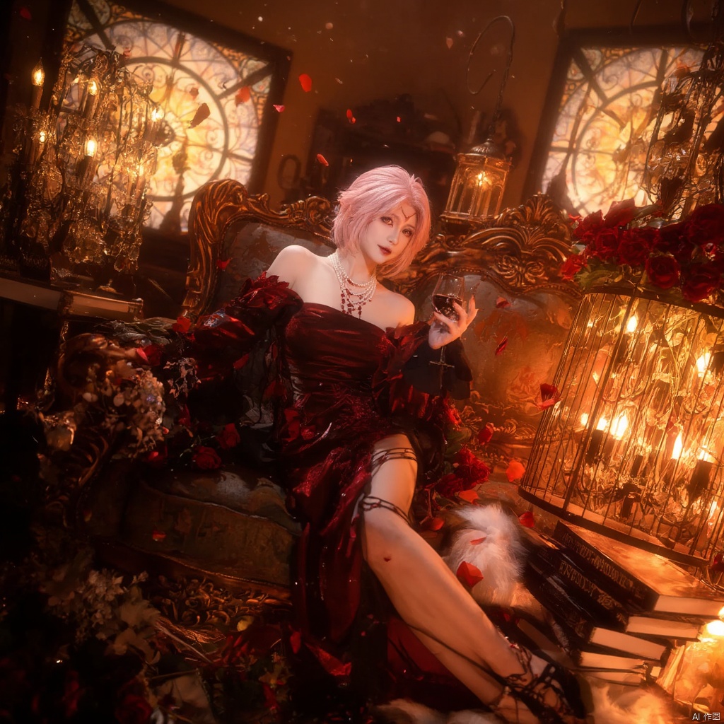 Cosplay fantasy gothic Victorian-inspired woman with pink hair red and black ornate dress pearl necklace holding a glass of wine surrounded by red roses ornate furniture chandelier with candles stained glass window warm lighting dramatic and mysterious mood scattered petals rich red and gold tones elegant and regal atmosphere., local blur, air expansion, air manipulation, fire-rose, rose petals, warm light, fire light, night, fireplace fire, fire, flame, candle in cage, flying sparks, spark, particle effects, flying rose petals, roses, detached sleeves, bridal gauntlets, backless outfit, bare shoulders, rdssd-red-detached-sleeves-sleeve-dress, 1girl, pink hair, solo, flower, short hair, jewelry, petals, rose, sitting, red flower, necklace, stairs, chandelier, gloves, holding, red lips, couch, candle, looking at viewer, red rose, wine glass, strapless, cup, strapless dress, alcohol, facial mark, candlestand, indoors, drinking glass, red eyes, makeup, anklet, chair, book, cage, wine, earrings, lipstick, breasts, birdcage, roses background