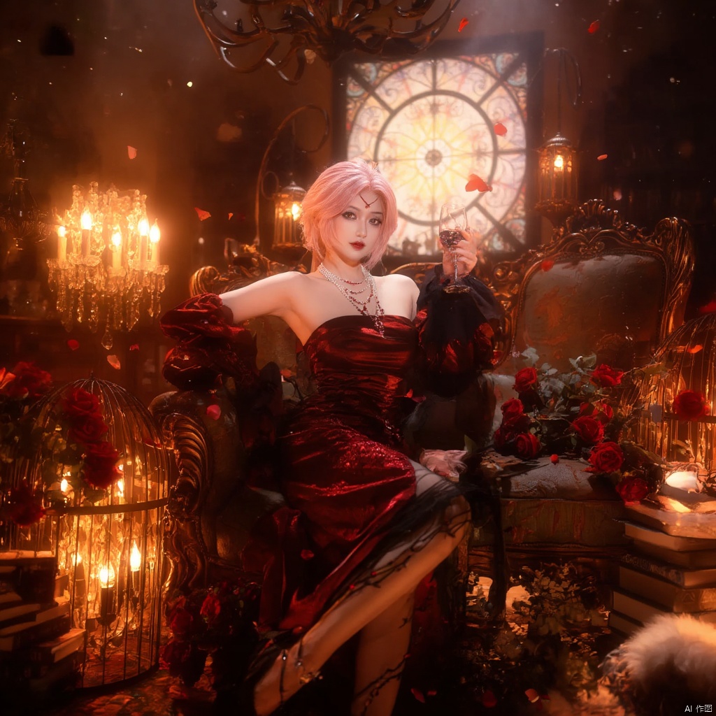 Cosplay fantasy gothic Victorian-inspired woman with pink hair red and black ornate dress pearl necklace holding a glass of wine surrounded by red roses ornate furniture chandelier with candles stained glass window warm lighting dramatic and mysterious mood scattered petals rich red and gold tones elegant and regal atmosphere., local blur, air expansion, air manipulation, fire-rose, rose petals, warm light, fire light, night, fireplace fire, fire, flame, candle in cage, flying sparks, spark, particle effects, flying rose petals, roses, detached sleeves, bridal gauntlets, backless outfit, bare shoulders, rdssd-red-detached-sleeves-sleeve-dress, 1girl, pink hair, solo, flower, short hair, jewelry, petals, rose, sitting, red flower, necklace, stairs, chandelier, gloves, holding, red lips, couch, candle, looking at viewer, red rose, wine glass, strapless, cup, strapless dress, alcohol, facial mark, candlestand, indoors, drinking glass, red eyes, makeup, anklet, chair, book, cage, wine, earrings, lipstick, breasts, birdcage, roses background