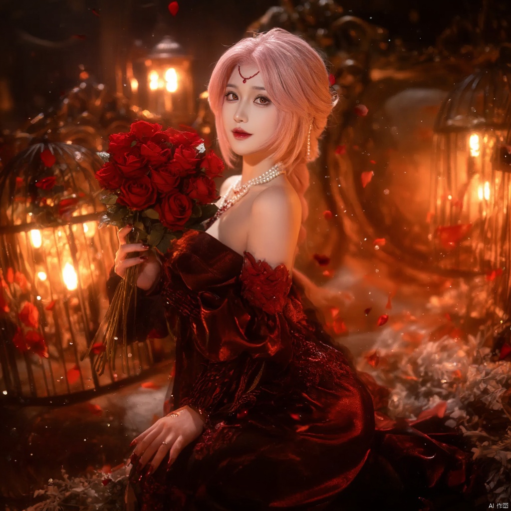 Cosplay fantasy ethereal elegant woman with pink hair red heart-shaped headpiece red and black ornate dress holding a bouquet of red roses surrounded by glowing lanterns warm warm lighting intricate background with ornate furniture red rose petals scattered serene and mysterious mood side profile dramatic and mystical atmosphere., local blur, air expansion, air manipulation, fire-rose, rose petals, warm light, fire light, night, fireplace fire, fire, flame, candle in cage, flying sparks, spark, particle effects, flying rose petals, roses, bridal gauntlets, backless outfit, bare shoulders, rdssd-red-detached-sleeves-sleeve-dress, 1girl, necklace, pink hair, jewelry, solo, flower, rose, detached sleeves, forehead mark, petals, looking at viewer, strapless, red flower, facial mark, short hair, red lips, holding, red rose, strapless dress, red nails, red eyes, stairs, nail polish, blurry, breasts, pearl necklace, makeup, pantyhose, sitting, indoors, holding flower, lipstick, lips, bouquet, parted lips, roses background