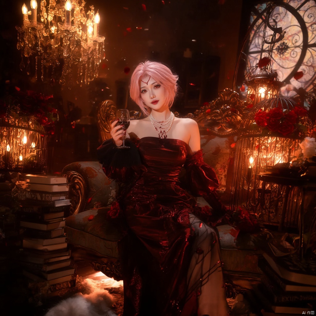 Cosplay fantasy gothic Victorian-inspired woman with pink hair red and black ornate dress pearl necklace holding a glass of wine surrounded by red roses ornate furniture chandelier with candles stained glass window warm lighting dramatic and mysterious mood scattered petals rich red and gold tones elegant and regal atmosphere., local blur, air expansion, air manipulation, fire-rose, rose petals, warm light, fire light, night, fireplace fire, fire, flame, candle in cage, flying sparks, spark, particle effects, flying rose petals, roses, detached sleeves, bridal gauntlets, backless outfit, bare shoulders, rdssd-red-detached-sleeves-sleeve-dress, 1girl, pink hair, solo, flower, short hair, jewelry, petals, rose, sitting, red flower, necklace, stairs, chandelier, gloves, holding, red lips, couch, candle, looking at viewer, red rose, wine glass, strapless, cup, strapless dress, alcohol, facial mark, candlestand, indoors, drinking glass, red eyes, makeup, anklet, chair, book, cage, wine, earrings, lipstick, breasts, birdcage, roses background