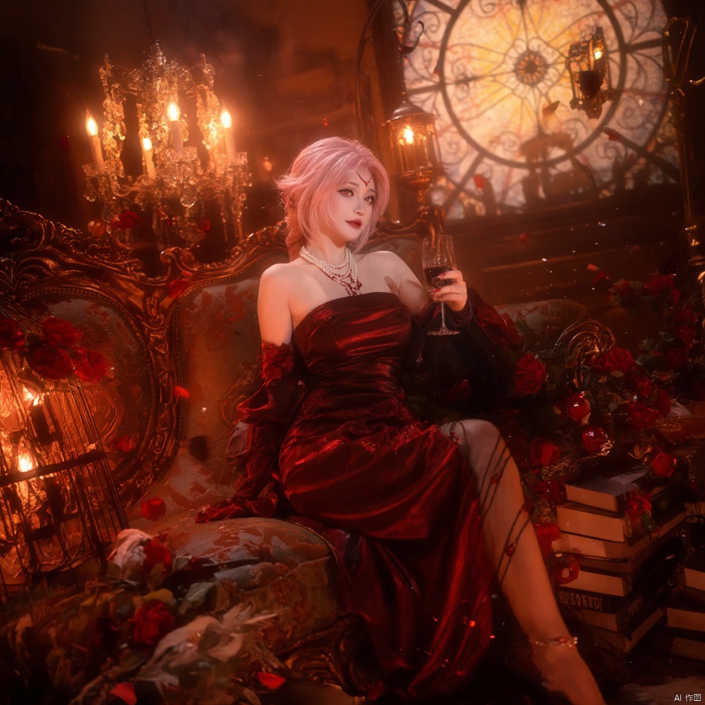 Cosplay fantasy gothic Victorian-inspired woman with pink hair red and black ornate dress pearl necklace holding a glass of wine surrounded by red roses ornate furniture chandelier with candles stained glass window warm lighting dramatic and mysterious mood scattered petals rich red and gold tones elegant and regal atmosphere., local blur, air expansion, air manipulation, fire-rose, rose petals, warm light, fire light, night, fireplace fire, fire, flame, candle in cage, flying sparks, spark, particle effects, flying rose petals, roses, detached sleeves, bridal gauntlets, backless outfit, bare shoulders, rdssd-red-detached-sleeves-sleeve-dress, 1girl, pink hair, solo, flower, short hair, jewelry, petals, rose, sitting, red flower, necklace, stairs, chandelier, gloves, holding, red lips, couch, candle, looking at viewer, red rose, wine glass, strapless, cup, strapless dress, alcohol, facial mark, candlestand, indoors, drinking glass, red eyes, makeup, anklet, chair, book, cage, wine, earrings, lipstick, breasts, birdcage, roses background