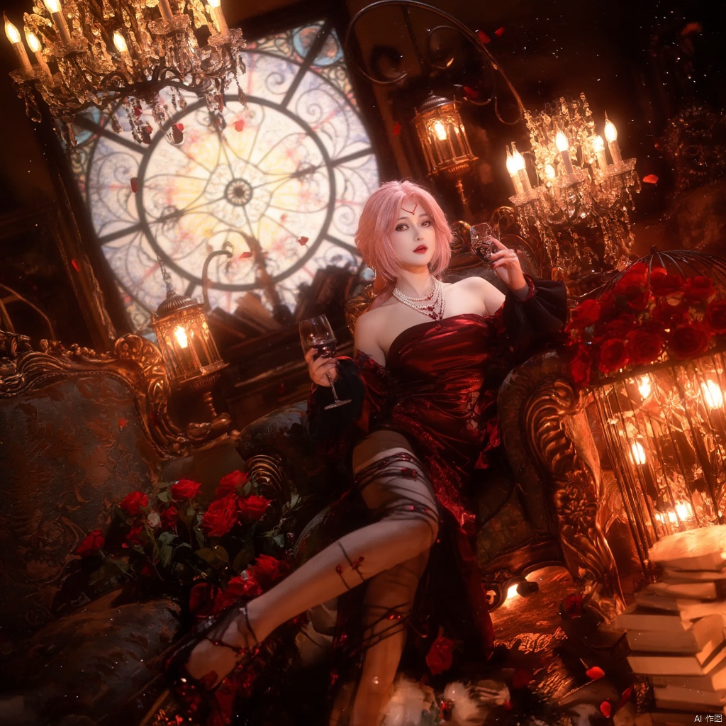 Cosplay fantasy gothic Victorian-inspired woman with pink hair red and black ornate dress pearl necklace holding a glass of wine surrounded by red roses ornate furniture chandelier with candles stained glass window warm lighting dramatic and mysterious mood scattered petals rich red and gold tones elegant and regal atmosphere., local blur, air expansion, air manipulation, fire-rose, rose petals, warm light, fire light, night, fireplace fire, fire, flame, candle in cage, flying sparks, spark, particle effects, flying rose petals, roses, detached sleeves, bridal gauntlets, backless outfit, bare shoulders, rdssd-red-detached-sleeves-sleeve-dress, 1girl, pink hair, solo, flower, short hair, jewelry, petals, rose, sitting, red flower, necklace, stairs, chandelier, gloves, holding, red lips, couch, candle, looking at viewer, red rose, wine glass, strapless, cup, strapless dress, alcohol, facial mark, candlestand, indoors, drinking glass, red eyes, makeup, anklet, chair, book, cage, wine, earrings, lipstick, breasts, birdcage, roses background