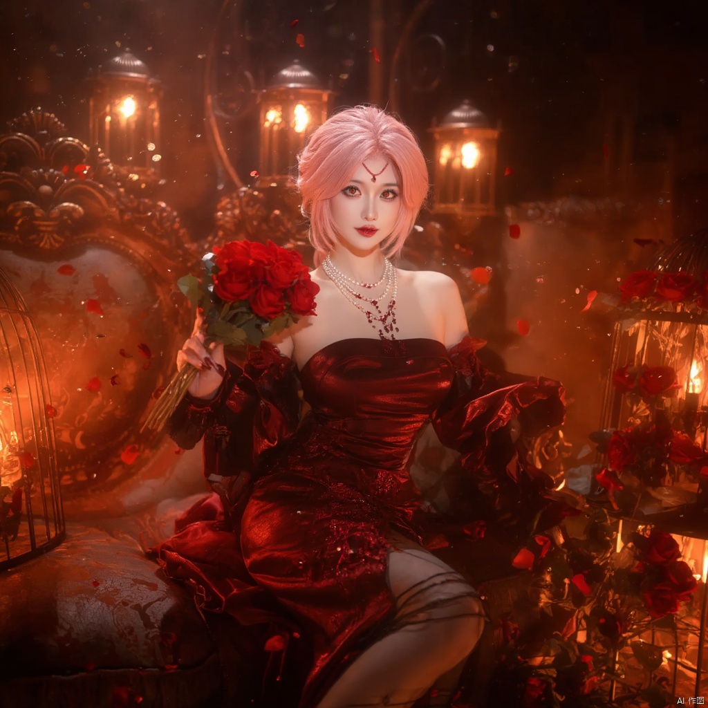 Cosplay fantasy ethereal elegant woman with pink hair red heart-shaped headpiece red and black ornate dress holding a bouquet of red roses surrounded by glowing lanterns warm warm lighting intricate background with ornate furniture red rose petals scattered serene and mysterious mood side profile dramatic and mystical atmosphere., local blur, air expansion, air manipulation, fire-rose, rose petals, warm light, fire light, night, fireplace fire, fire, flame, candle in cage, flying sparks, spark, particle effects, flying rose petals, roses, bridal gauntlets, backless outfit, bare shoulders, rdssd-red-detached-sleeves-sleeve-dress, 1girl, necklace, pink hair, jewelry, solo, flower, rose, detached sleeves, forehead mark, petals, looking at viewer, strapless, red flower, facial mark, short hair, red lips, holding, red rose, strapless dress, red nails, red eyes, stairs, nail polish, blurry, breasts, pearl necklace, makeup, pantyhose, sitting, indoors, holding flower, lipstick, lips, bouquet, parted lips, roses background