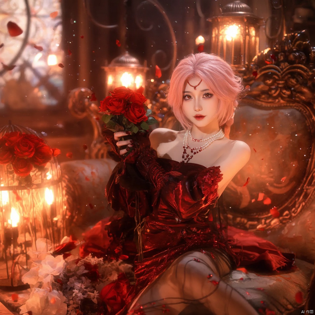 Cosplay fantasy ethereal elegant woman with pink hair red heart-shaped headpiece red and black ornate dress holding a bouquet of red roses surrounded by glowing lanterns warm warm lighting intricate background with ornate furniture red rose petals scattered serene and mysterious mood side profile dramatic and mystical atmosphere., local blur, air expansion, air manipulation, fire-rose, rose petals, warm light, fire light, night, fireplace fire, fire, flame, candle in cage, flying sparks, spark, particle effects, flying rose petals, roses, bridal gauntlets, backless outfit, bare shoulders, rdssd-red-detached-sleeves-sleeve-dress, 1girl, necklace, pink hair, jewelry, solo, flower, rose, detached sleeves, forehead mark, petals, looking at viewer, strapless, red flower, facial mark, short hair, red lips, holding, red rose, strapless dress, red nails, red eyes, stairs, nail polish, blurry, breasts, pearl necklace, makeup, pantyhose, sitting, indoors, holding flower, lipstick, lips, bouquet, parted lips, roses background