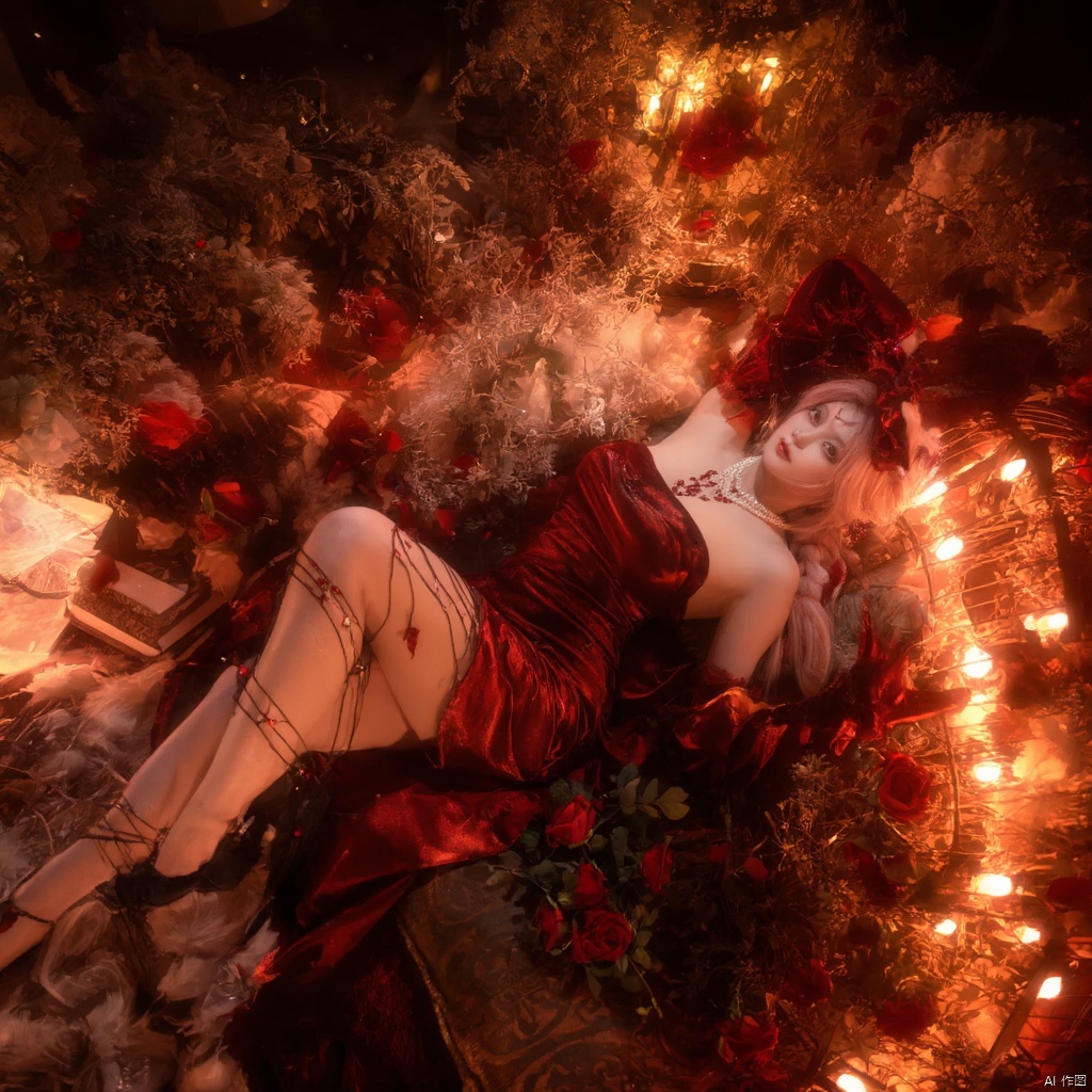 Photograph ethereal fantasy woman in a red dress surrounded by autumnal decorations roses books lanterns candles floral arrangements soft lighting dreamy atmosphere delicate lace details elegant pose side profile soft focus warm tones serene mood intricate details delicate and whimsical composition., local blur, air expansion, air manipulation, fire-rose, rose petals, warm light, fire light, night, fireplace fire, fire, flame, candle in cage, flying sparks, spark, particle effects, flying rose petals, roses, detached sleeves, bridal gauntlets, backless outfit, bare shoulders, rdssd-red-detached-sleeves-sleeve-dress, 1girl, solo, flower, gloves, lying, petals, rose, long hair, high heels, elbow gloves, breasts, jewelry, barefoot, cleavage, blonde hair, couch, on side, hair ornament, necklace, roses background