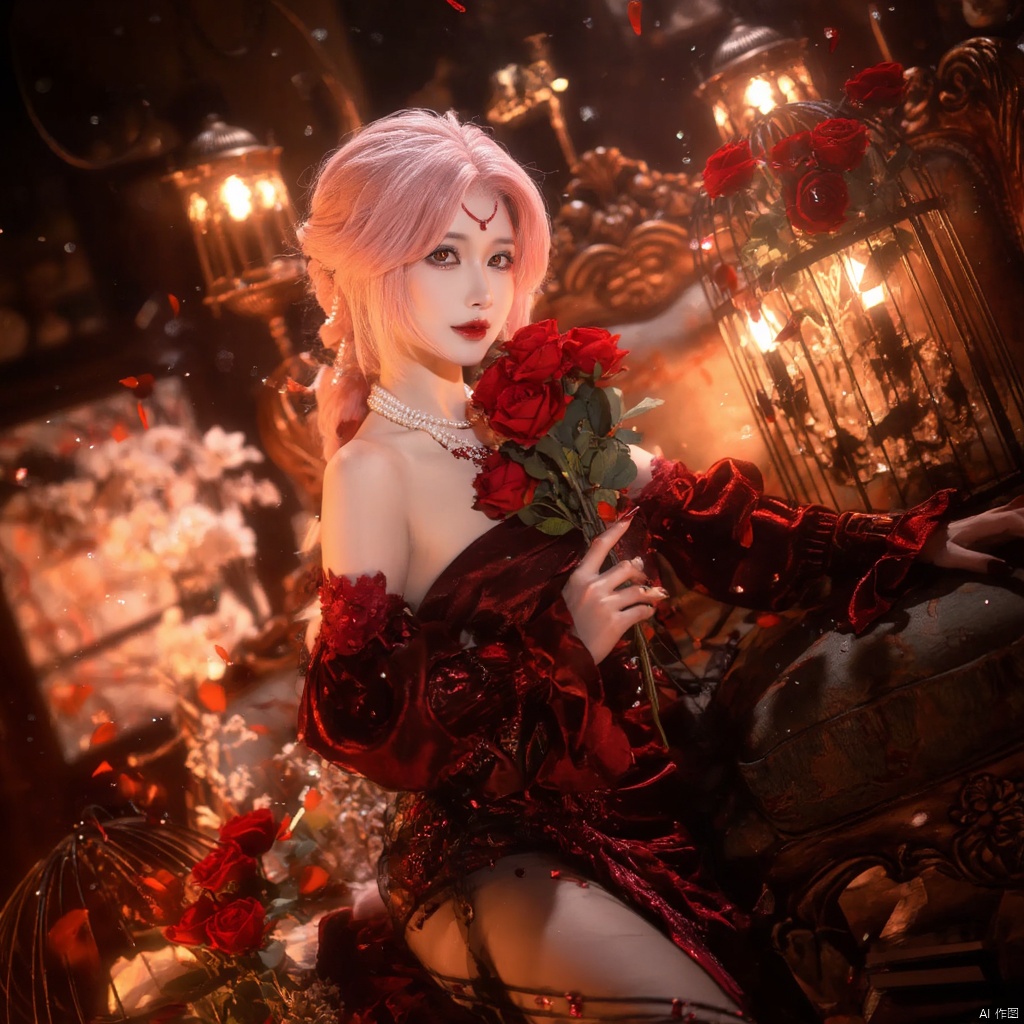 Cosplay fantasy ethereal elegant woman with pink hair red heart-shaped headpiece red and black ornate dress holding a bouquet of red roses surrounded by glowing lanterns warm warm lighting intricate background with ornate furniture red rose petals scattered serene and mysterious mood side profile dramatic and mystical atmosphere., local blur, air expansion, air manipulation, fire-rose, rose petals, warm light, fire light, night, fireplace fire, fire, flame, candle in cage, flying sparks, spark, particle effects, flying rose petals, roses, bridal gauntlets, backless outfit, bare shoulders, rdssd-red-detached-sleeves-sleeve-dress, 1girl, necklace, pink hair, jewelry, solo, flower, rose, detached sleeves, forehead mark, petals, looking at viewer, strapless, red flower, facial mark, short hair, red lips, holding, red rose, strapless dress, red nails, red eyes, stairs, nail polish, blurry, breasts, pearl necklace, makeup, pantyhose, sitting, indoors, holding flower, lipstick, lips, bouquet, parted lips, roses background