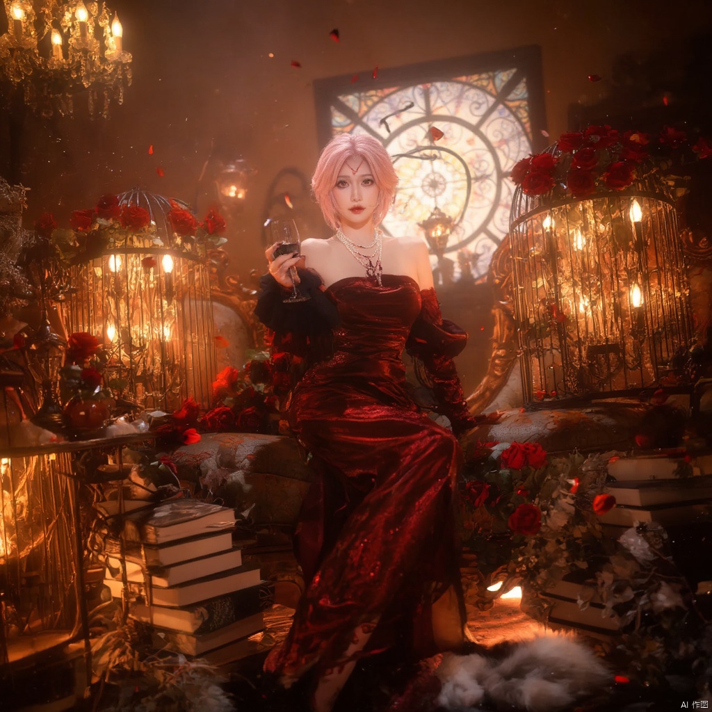 Cosplay fantasy gothic Victorian-inspired woman with pink hair red and black ornate dress pearl necklace holding a glass of wine surrounded by red roses ornate furniture chandelier with candles stained glass window warm lighting dramatic and mysterious mood scattered petals rich red and gold tones elegant and regal atmosphere., local blur, air expansion, air manipulation, fire-rose, rose petals, warm light, fire light, night, fireplace fire, fire, flame, candle in cage, flying sparks, spark, particle effects, flying rose petals, roses, detached sleeves, bridal gauntlets, backless outfit, bare shoulders, rdssd-red-detached-sleeves-sleeve-dress, 1girl, pink hair, solo, flower, short hair, jewelry, petals, rose, sitting, red flower, necklace, stairs, chandelier, gloves, holding, red lips, couch, candle, looking at viewer, red rose, wine glass, strapless, cup, strapless dress, alcohol, facial mark, candlestand, indoors, drinking glass, red eyes, makeup, anklet, chair, book, cage, wine, earrings, lipstick, breasts, birdcage, roses background