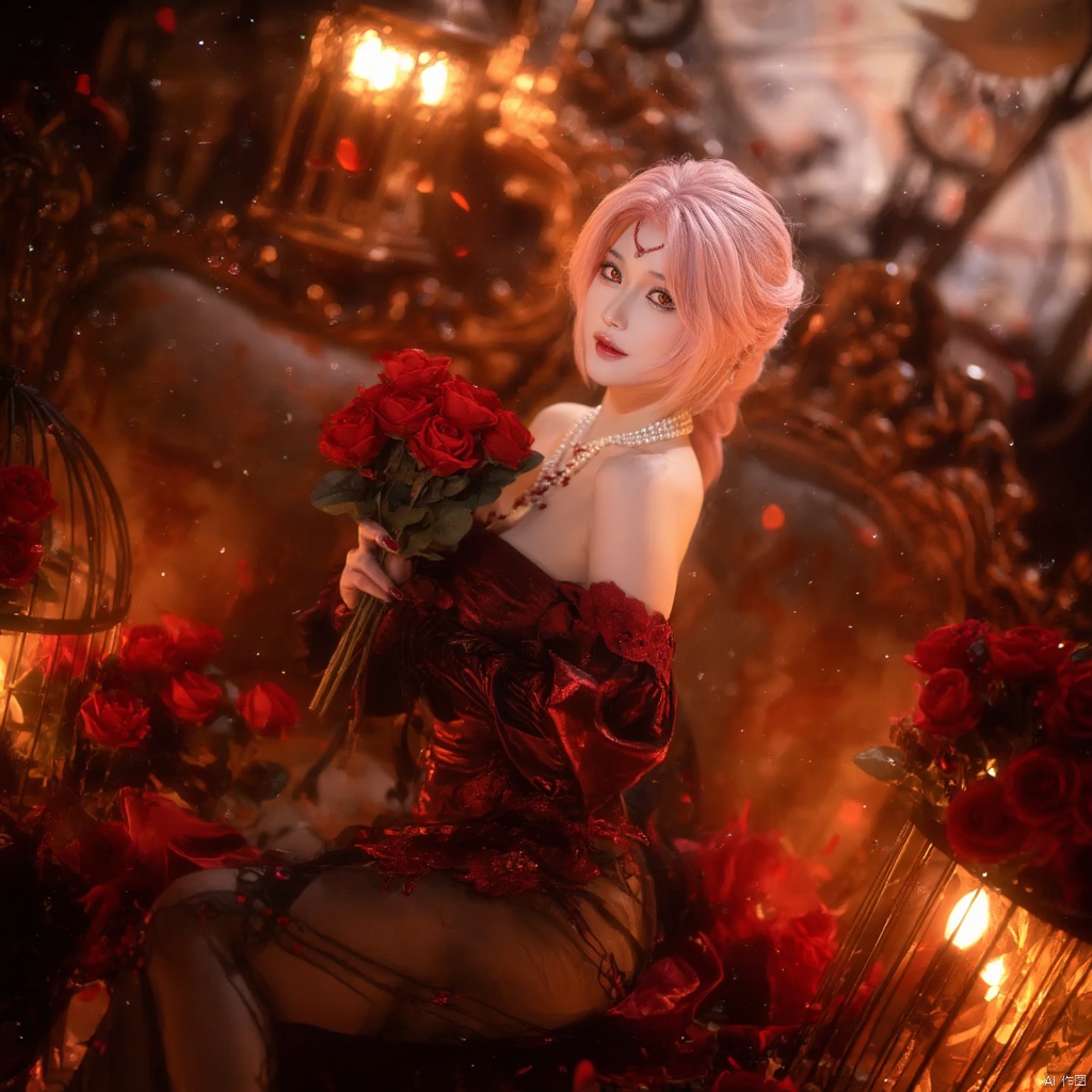 Cosplay fantasy ethereal elegant woman with pink hair red heart-shaped headpiece red and black ornate dress holding a bouquet of red roses surrounded by glowing lanterns warm warm lighting intricate background with ornate furniture red rose petals scattered serene and mysterious mood side profile dramatic and mystical atmosphere., local blur, air expansion, air manipulation, fire-rose, rose petals, warm light, fire light, night, fireplace fire, fire, flame, candle in cage, flying sparks, spark, particle effects, flying rose petals, roses, bridal gauntlets, backless outfit, bare shoulders, rdssd-red-detached-sleeves-sleeve-dress, 1girl, necklace, pink hair, jewelry, solo, flower, rose, detached sleeves, forehead mark, petals, looking at viewer, strapless, red flower, facial mark, short hair, red lips, holding, red rose, strapless dress, red nails, red eyes, stairs, nail polish, blurry, breasts, pearl necklace, makeup, pantyhose, sitting, indoors, holding flower, lipstick, lips, bouquet, parted lips, roses background