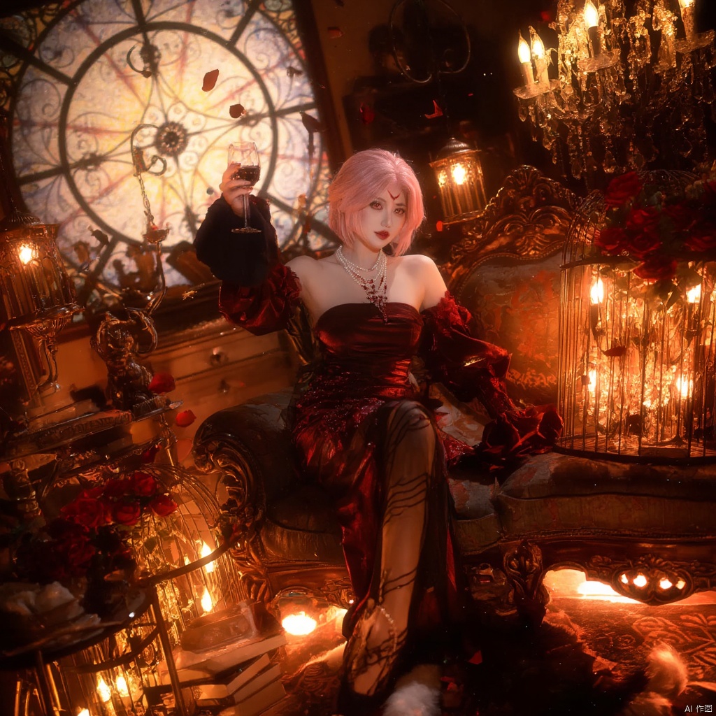 Cosplay fantasy gothic Victorian-inspired woman with pink hair red and black ornate dress pearl necklace holding a glass of wine surrounded by red roses ornate furniture chandelier with candles stained glass window warm lighting dramatic and mysterious mood scattered petals rich red and gold tones elegant and regal atmosphere., local blur, air expansion, air manipulation, fire-rose, rose petals, warm light, fire light, night, fireplace fire, fire, flame, candle in cage, flying sparks, spark, particle effects, flying rose petals, roses, detached sleeves, bridal gauntlets, backless outfit, bare shoulders, rdssd-red-detached-sleeves-sleeve-dress, 1girl, pink hair, solo, flower, short hair, jewelry, petals, rose, sitting, red flower, necklace, stairs, chandelier, gloves, holding, red lips, couch, candle, looking at viewer, red rose, wine glass, strapless, cup, strapless dress, alcohol, facial mark, candlestand, indoors, drinking glass, red eyes, makeup, anklet, chair, book, cage, wine, earrings, lipstick, breasts, birdcage, roses background