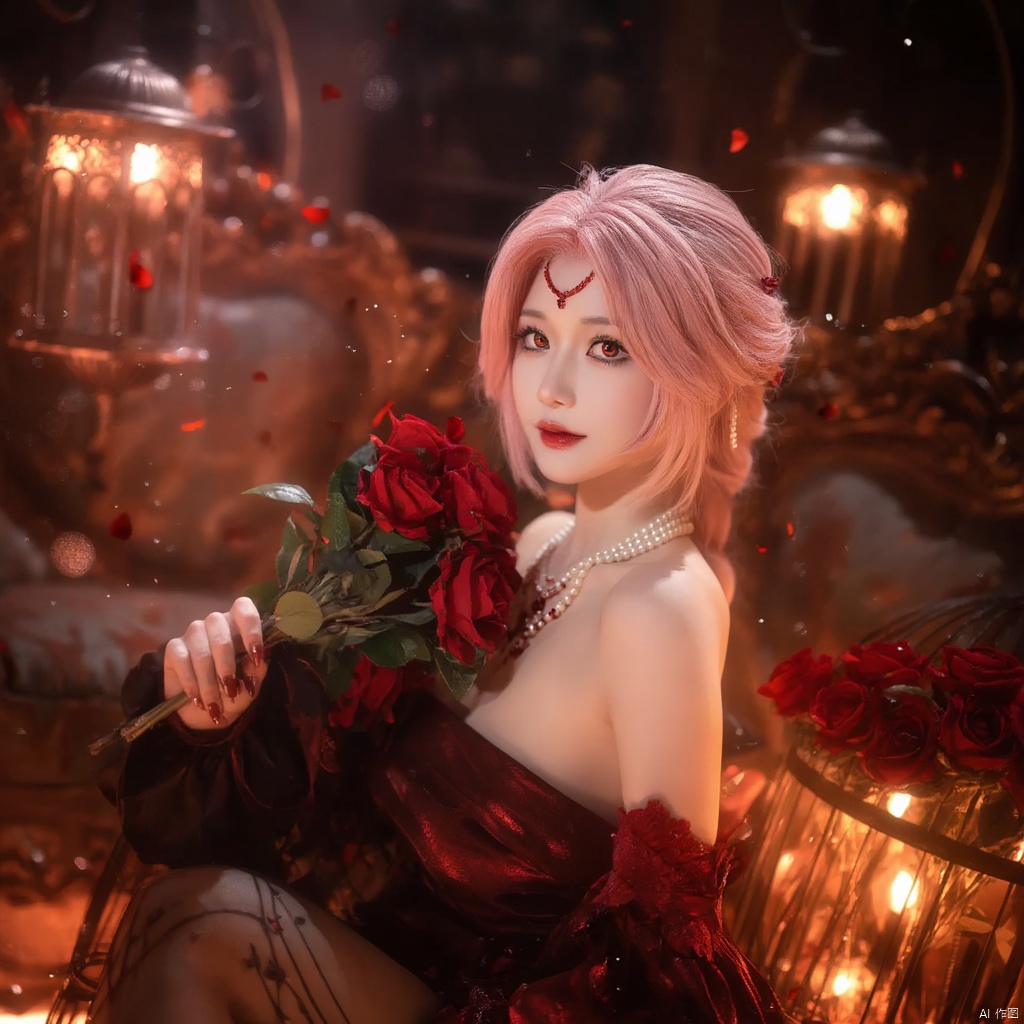 Cosplay fantasy ethereal elegant woman with pink hair red heart-shaped headpiece red and black ornate dress holding a bouquet of red roses surrounded by glowing lanterns warm warm lighting intricate background with ornate furniture red rose petals scattered serene and mysterious mood side profile dramatic and mystical atmosphere., local blur, air expansion, air manipulation, fire-rose, rose petals, warm light, fire light, night, fireplace fire, fire, flame, candle in cage, flying sparks, spark, particle effects, flying rose petals, roses, bridal gauntlets, backless outfit, bare shoulders, rdssd-red-detached-sleeves-sleeve-dress, 1girl, necklace, pink hair, jewelry, solo, flower, rose, detached sleeves, forehead mark, petals, looking at viewer, strapless, red flower, facial mark, short hair, red lips, holding, red rose, strapless dress, red nails, red eyes, stairs, nail polish, blurry, breasts, pearl necklace, makeup, pantyhose, sitting, indoors, holding flower, lipstick, lips, bouquet, parted lips, roses background