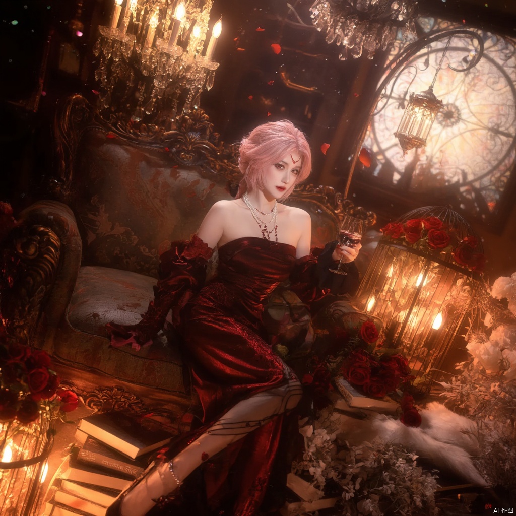 Cosplay fantasy gothic Victorian-inspired woman with pink hair red and black ornate dress pearl necklace holding a glass of wine surrounded by red roses ornate furniture chandelier with candles stained glass window warm lighting dramatic and mysterious mood scattered petals rich red and gold tones elegant and regal atmosphere., local blur, air expansion, air manipulation, fire-rose, rose petals, warm light, fire light, night, fireplace fire, fire, flame, candle in cage, flying sparks, spark, particle effects, flying rose petals, roses, detached sleeves, bridal gauntlets, backless outfit, bare shoulders, rdssd-red-detached-sleeves-sleeve-dress, 1girl, pink hair, solo, flower, short hair, jewelry, petals, rose, sitting, red flower, necklace, stairs, chandelier, gloves, holding, red lips, couch, candle, looking at viewer, red rose, wine glass, strapless, cup, strapless dress, alcohol, facial mark, candlestand, indoors, drinking glass, red eyes, makeup, anklet, chair, book, cage, wine, earrings, lipstick, breasts, birdcage, roses background