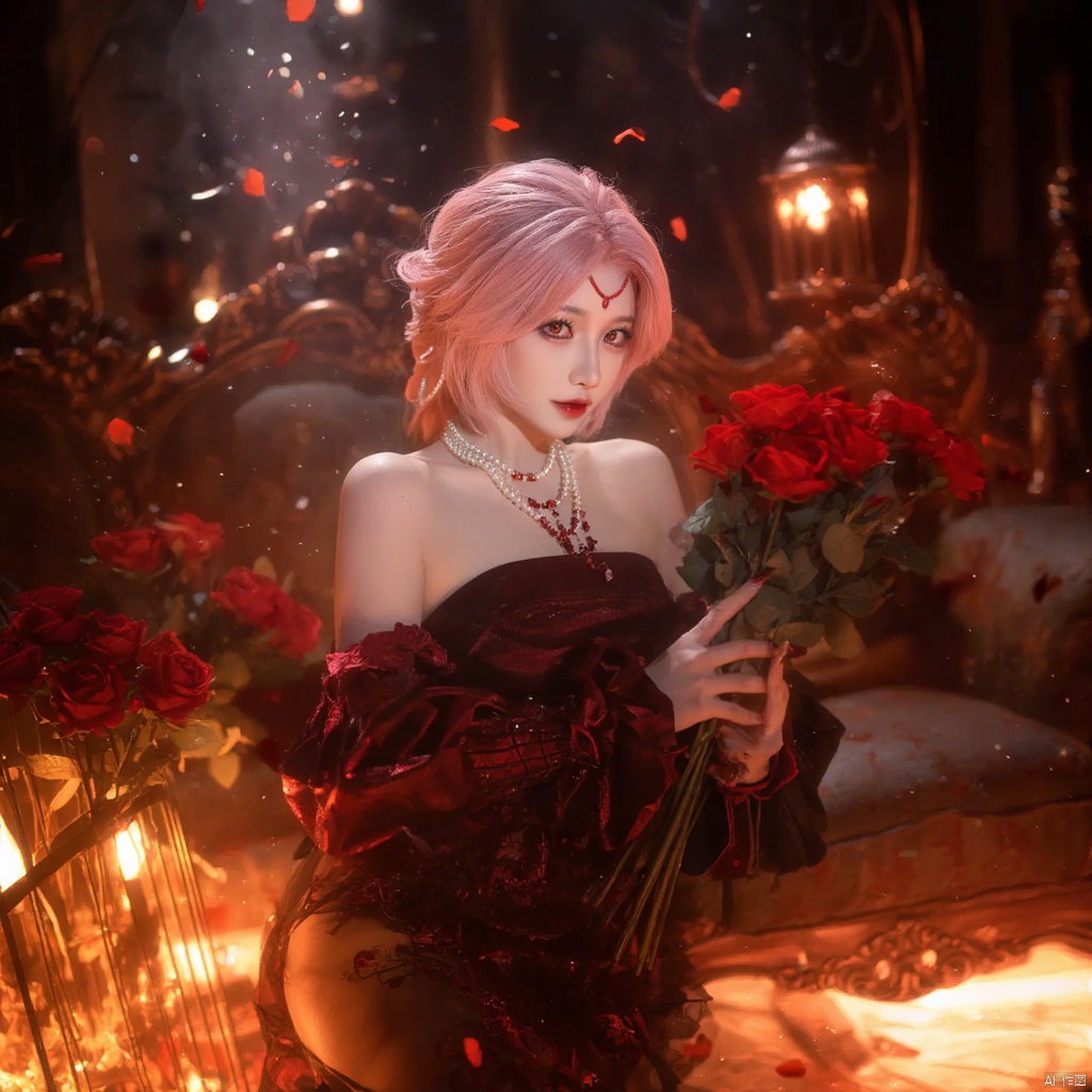 Cosplay fantasy ethereal elegant woman with pink hair red heart-shaped headpiece red and black ornate dress holding a bouquet of red roses surrounded by glowing lanterns warm warm lighting intricate background with ornate furniture red rose petals scattered serene and mysterious mood side profile dramatic and mystical atmosphere., local blur, air expansion, air manipulation, fire-rose, rose petals, warm light, fire light, night, fireplace fire, fire, flame, candle in cage, flying sparks, spark, particle effects, flying rose petals, roses, bridal gauntlets, backless outfit, bare shoulders, rdssd-red-detached-sleeves-sleeve-dress, 1girl, necklace, pink hair, jewelry, solo, flower, rose, detached sleeves, forehead mark, petals, looking at viewer, strapless, red flower, facial mark, short hair, red lips, holding, red rose, strapless dress, red nails, red eyes, stairs, nail polish, blurry, breasts, pearl necklace, makeup, pantyhose, sitting, indoors, holding flower, lipstick, lips, bouquet, parted lips, roses background