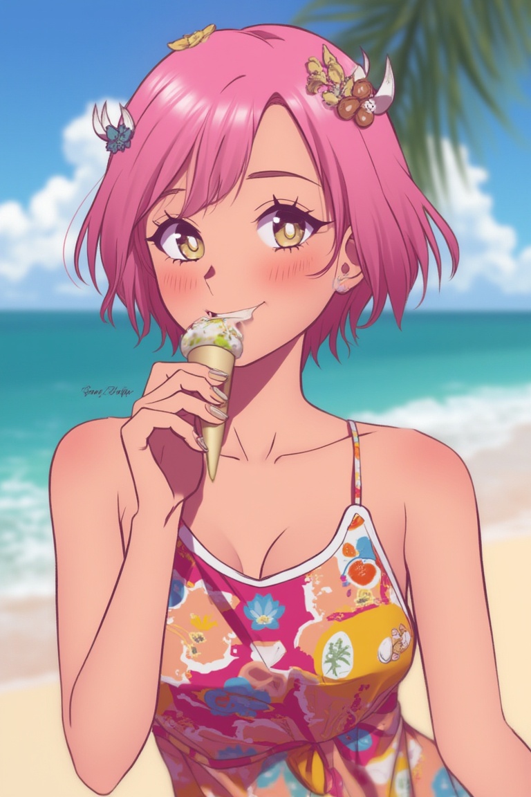 A woman with short pink hair,  golden eyes,  and caramel skin smiles in a colorful sundress on Tensor.Art