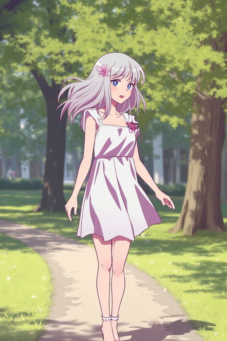 A woman with platinum blonde hair,  violet eyes,  and light skin walks through a park in a white dress on Tensor.Art