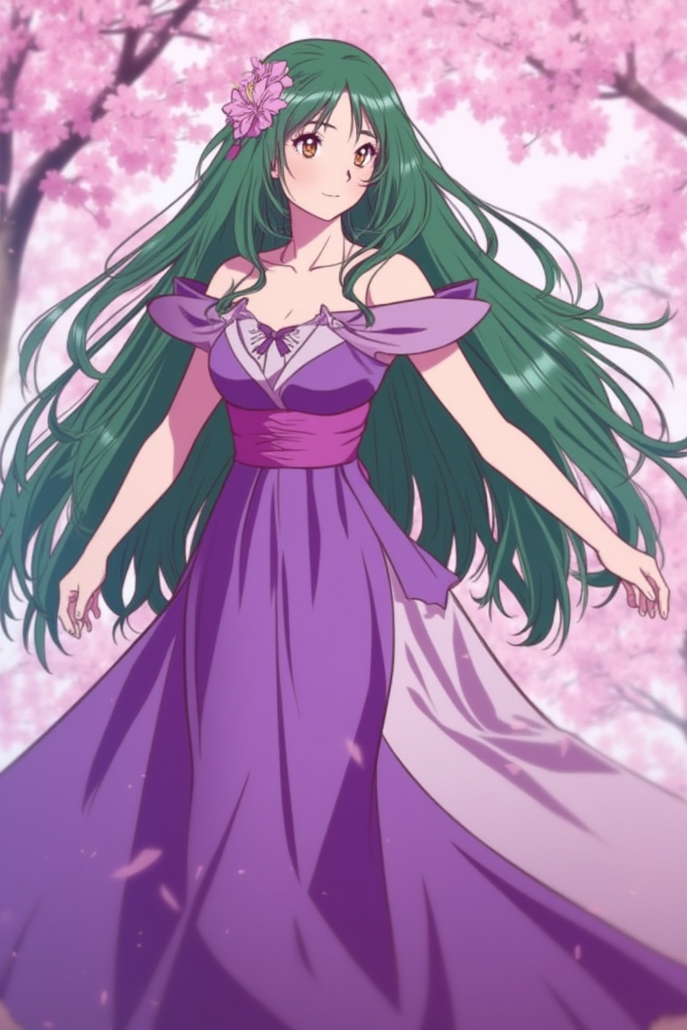 A woman with long,  emerald-green hair,  amber eyes on Tensor.Art