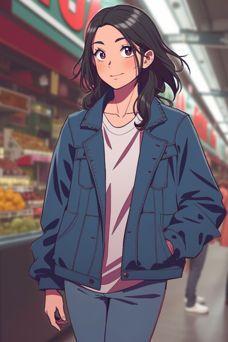 A female with slicked-back black hair,  silver eyes,  and light olive skin strolls through a lively market in a denim jack...