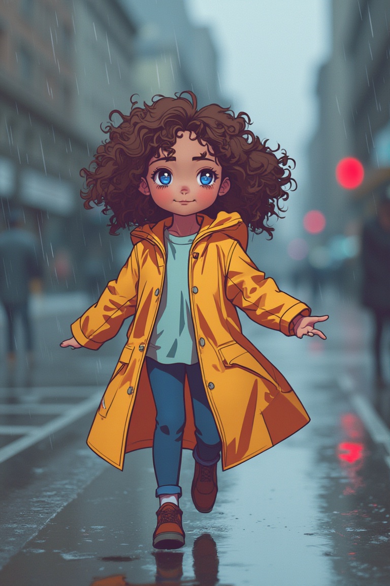 A girl with curly brown hair,  sky-blue eyes,  and caramel skin runs in the rain wearing a colorful raincoat on Tensor.Art
