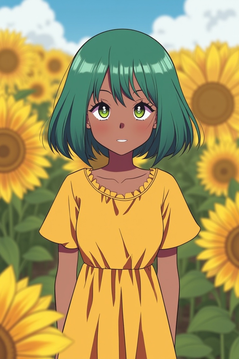 A girl with bob-cut teal hair,  bright green eyes,  and dark brown skin beams while standing in a sunflower field wearing...