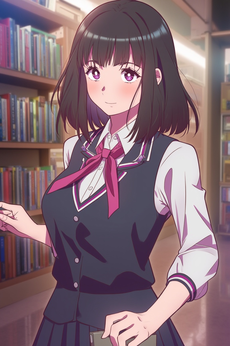 webtoon_style of beautiful woman in school uniform with short hair smiling,  at library,  detailed art on Tensor.Art