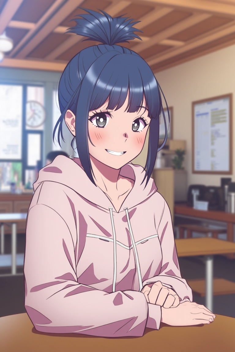 A girl with blue hair in a bun,  gray eyes,  and tan skin happily smile in a casual hoodie at a café on Tensor.Art