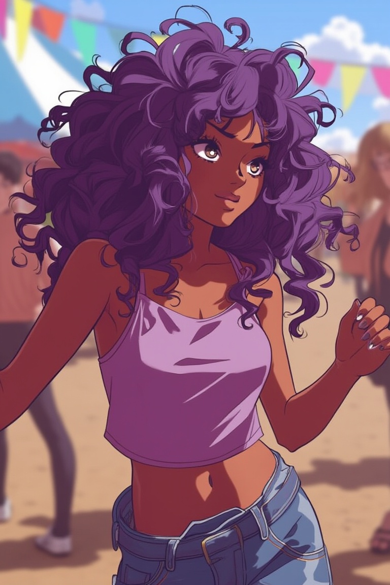 A female with curly purple hair,  hazel eyes,  and olive skin dances in a casual crop top at a street festival on Tensor.Art