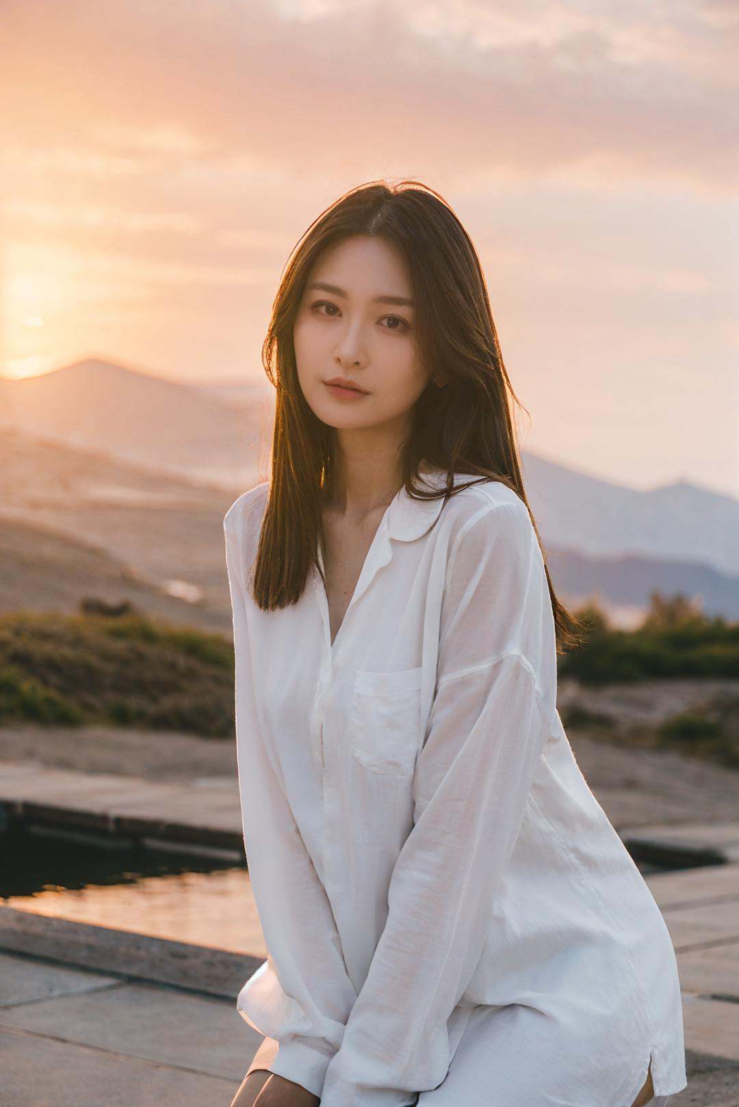 1girl,solo,loungewear,standing,looking at viewer,outdoors,((sunset)),mountain,((portrait)),Highly detailed,(ultra-detailed),(best quality,masterpiece:1.5),<lora:Film Simulation:0.6>,film simulation,<lora:AV-神﷿美舞:0.4>,