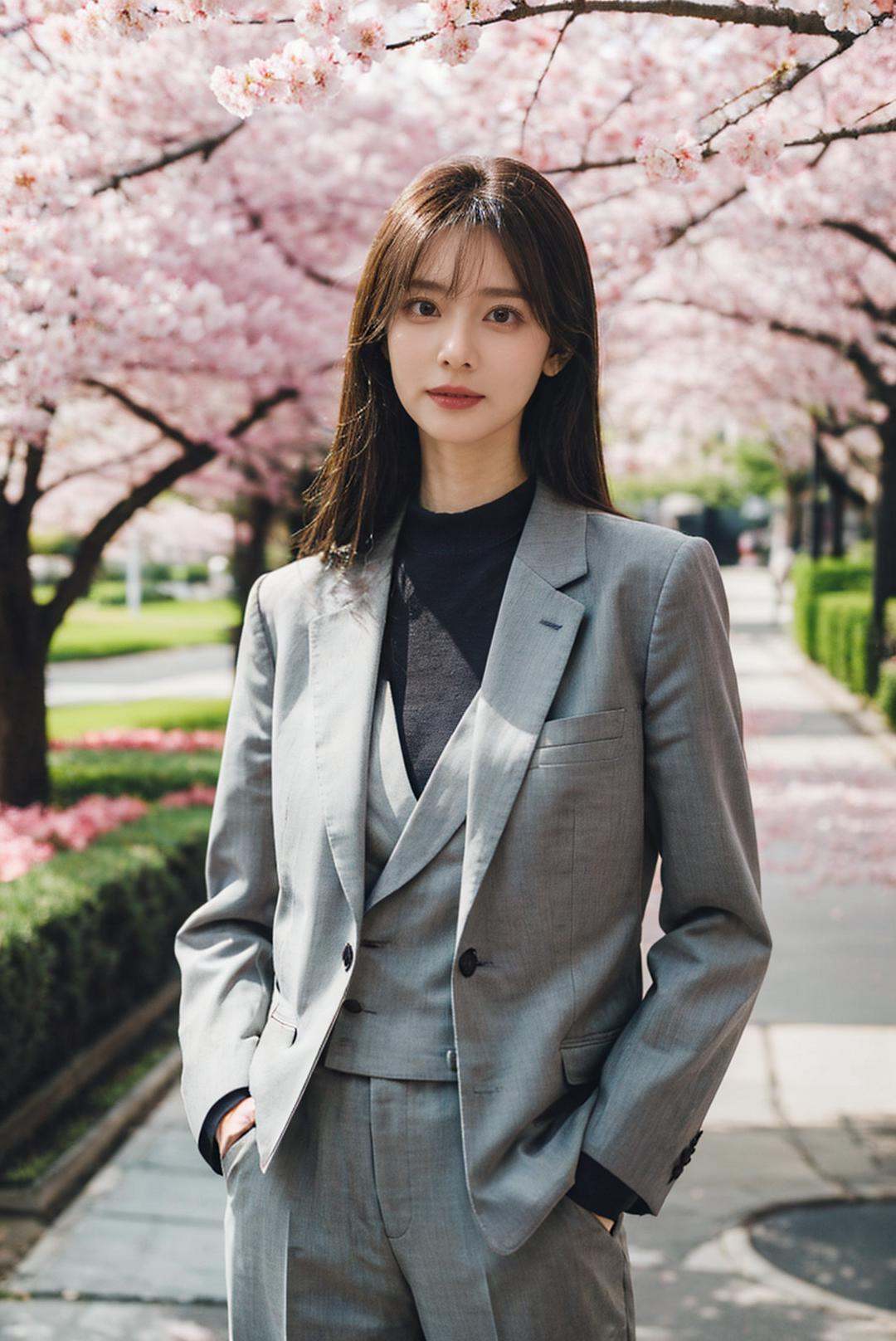 1girl,solo,formal,suit,(hands in pockets),standing,looking at viewer,outdoors,street,flower,cherry blossoms,close-up,Highly detailed,(ultra-detailed),(best quality,masterpiece:1.5),<lora:Film Simulation:0.6>,film simulation,<lora:AV-枫芙爱:0.4>,fengfuai,