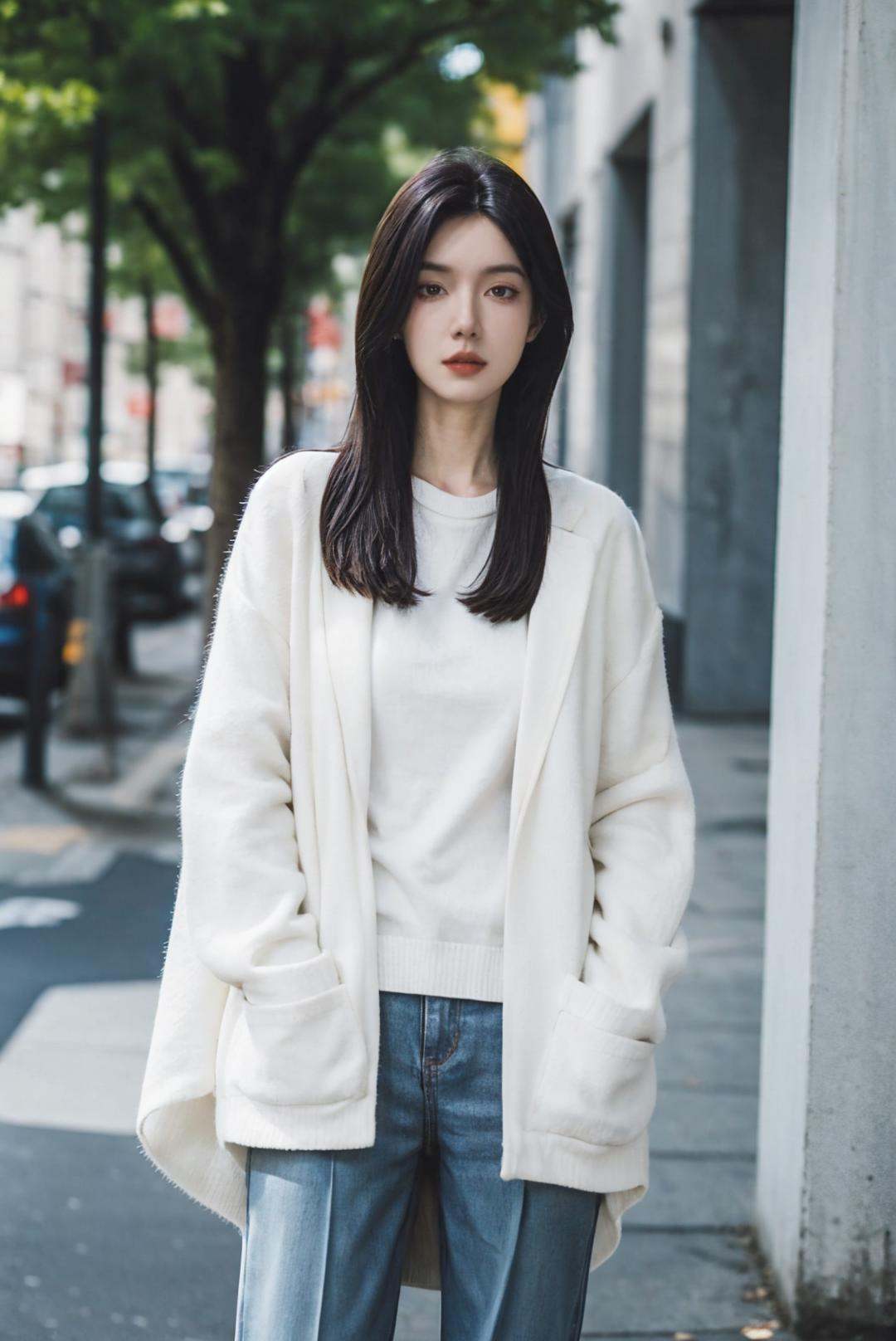 1girl,solo,white sweater,(hands in pockets),standing,looking at viewer,outdoors,street,close-up,Highly detailed,(ultra-detailed),(best quality,masterpiece:1.5),<lora:细节调整2.0:0>,<lora:斗罗大陆2-周漪:0.45>,<lora:Film Simulation:0.6>,film simulation,